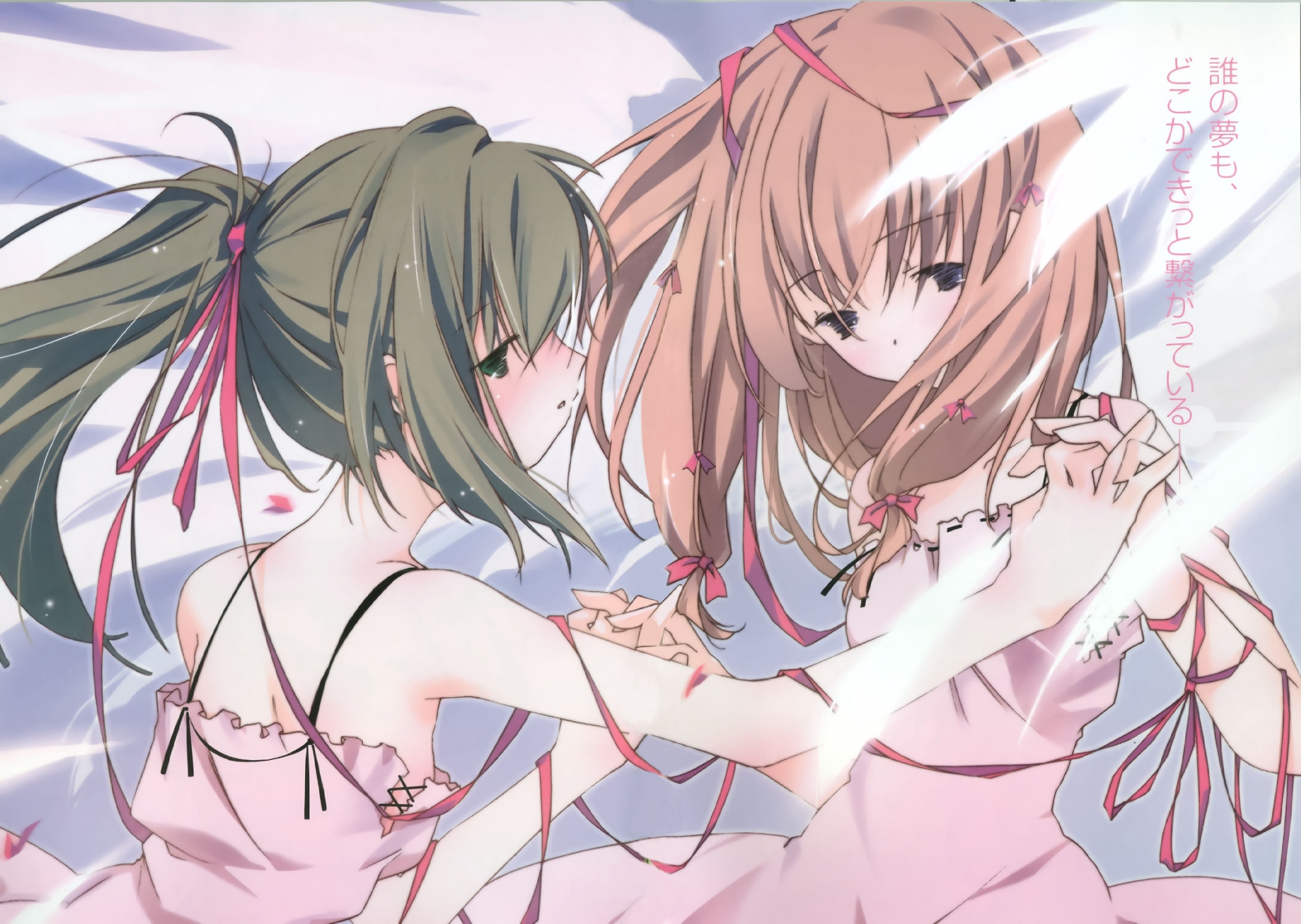 2girls, blush, dress, green_hair, ichinokuro_arisu, jpeg_artifacts, mushiuta, ponytail, red_hair, ribbons, ruroo, wings