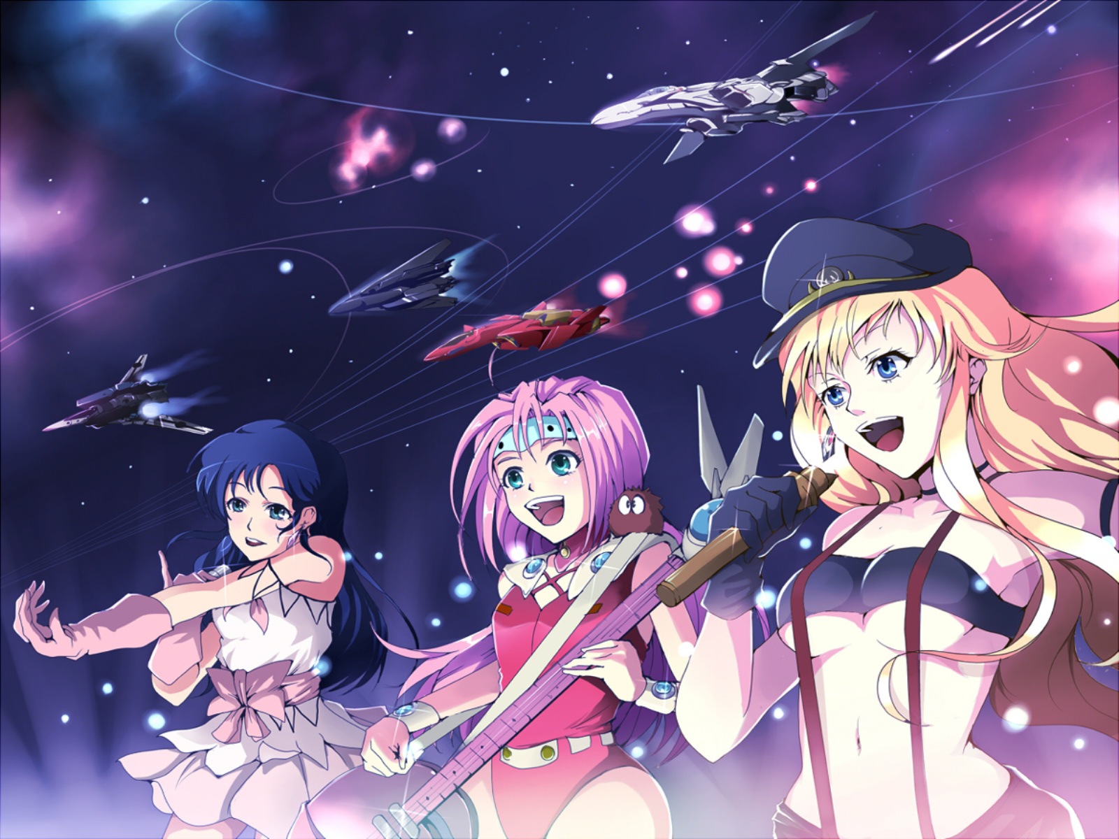 breasts, guitar, instrument, lynn_minmay, macross, macross_frontier, microphone, mylene_flare_jenius
