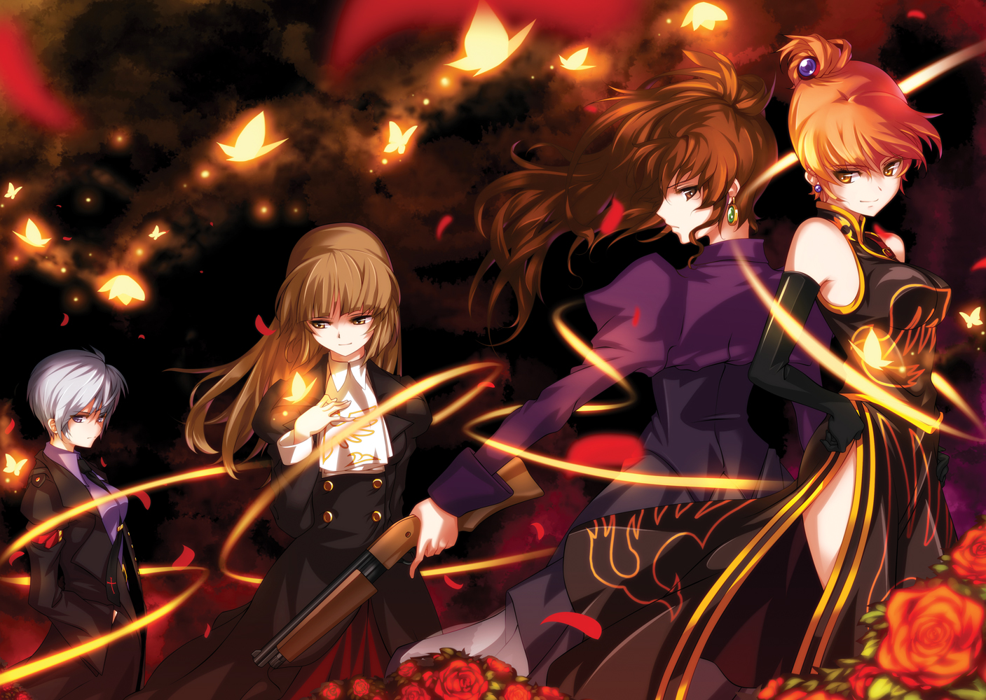 butterfly, dress, flowers, gun, hong_(white_spider), petals, umineko_no_naku_koro_ni, ushiromiya_eva, ushiromiya_kyrie, ushiromiya_natsuhi, ushiromiya_rosa, weapon