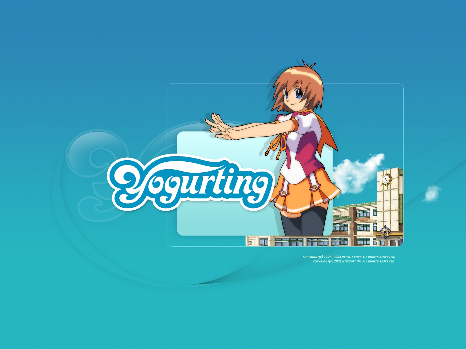 blue, blue_eyes, brown_hair, building, clouds, short_hair, skirt, watermark