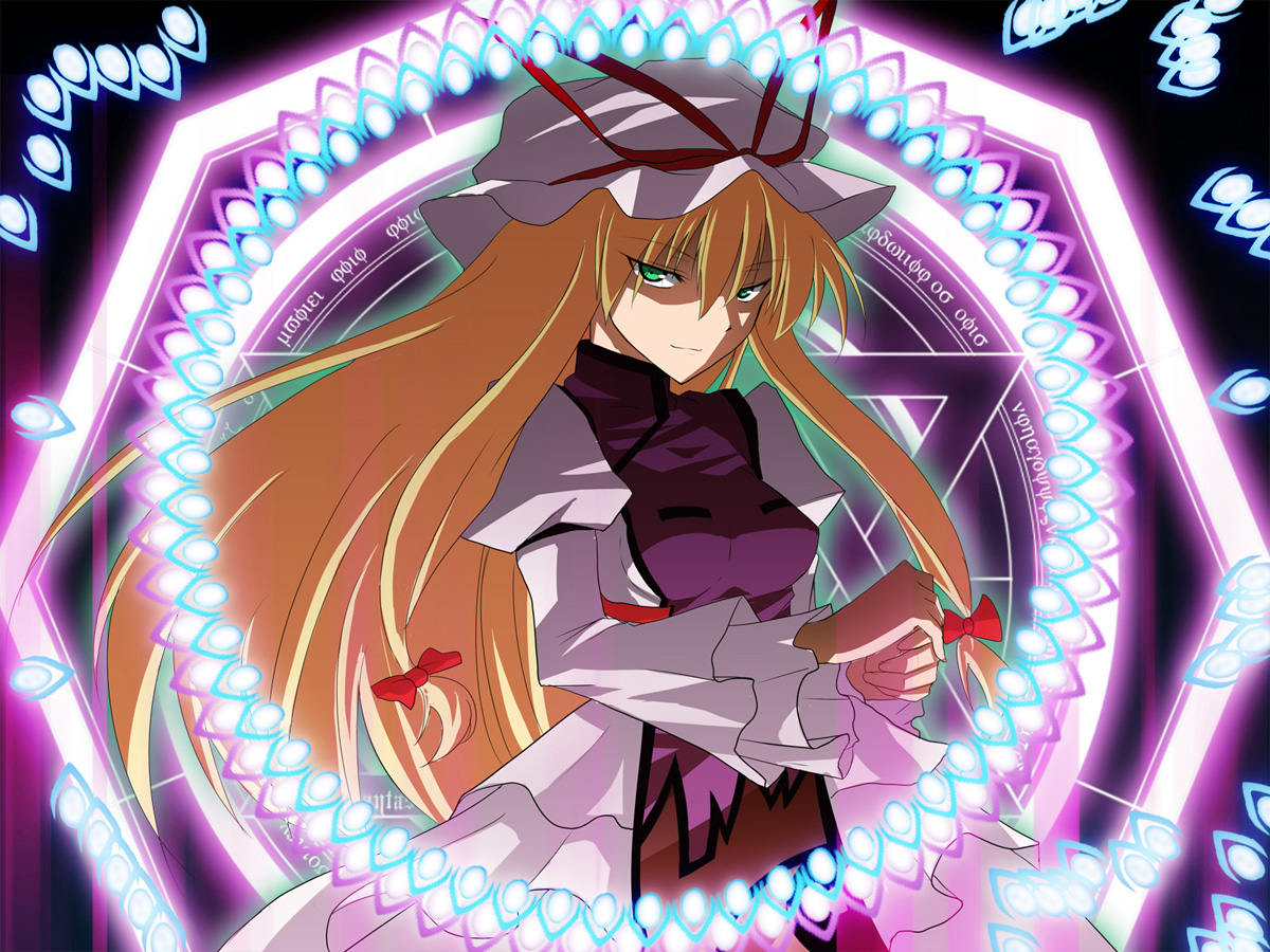 blonde_hair, dress, green_eyes, hat, kasukazu, long_hair, magic, touhou
