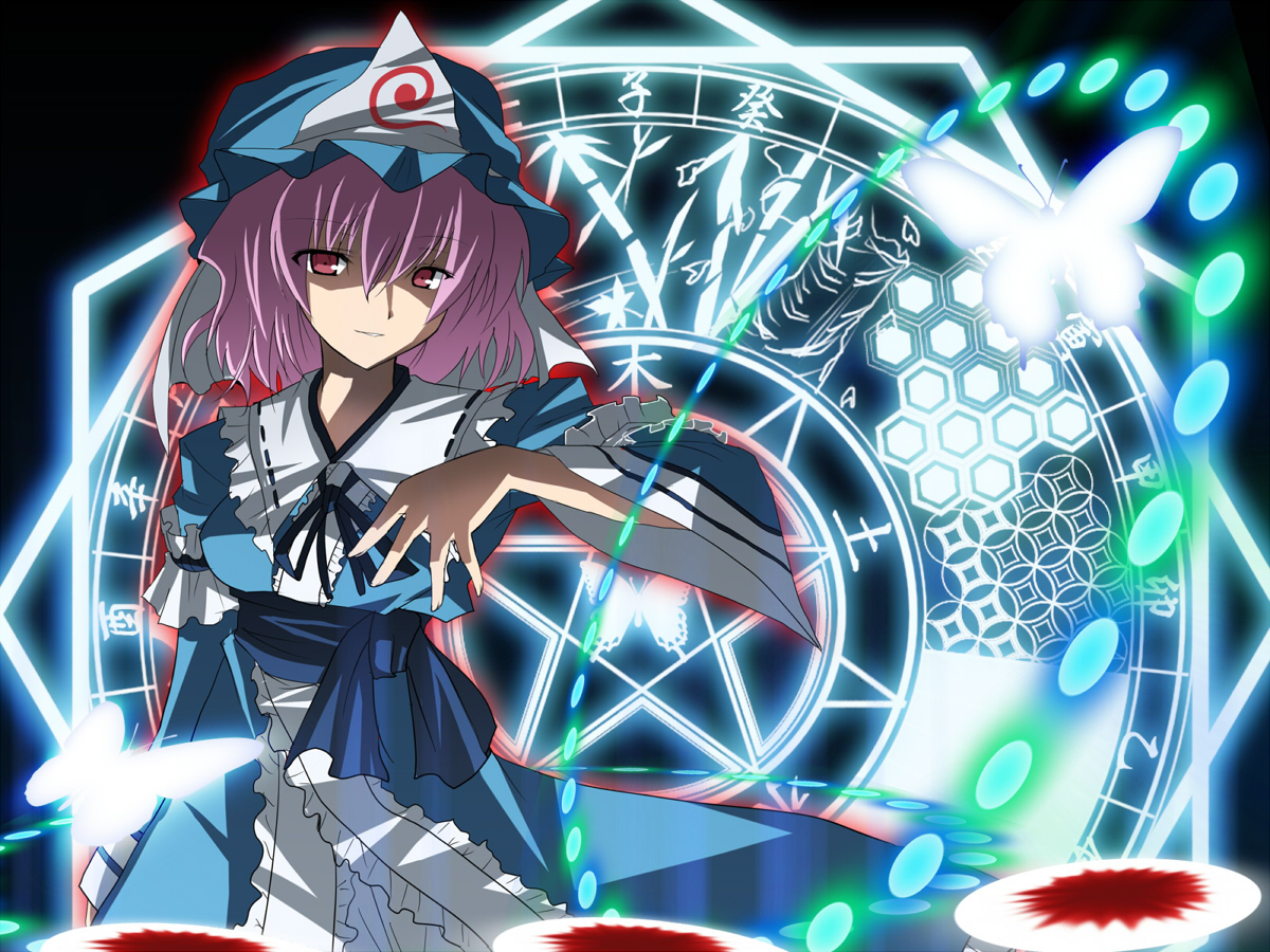 butterfly, dress, hat, kasukazu, magic, pink_eyes, pink_hair, saigyouji_yuyuko