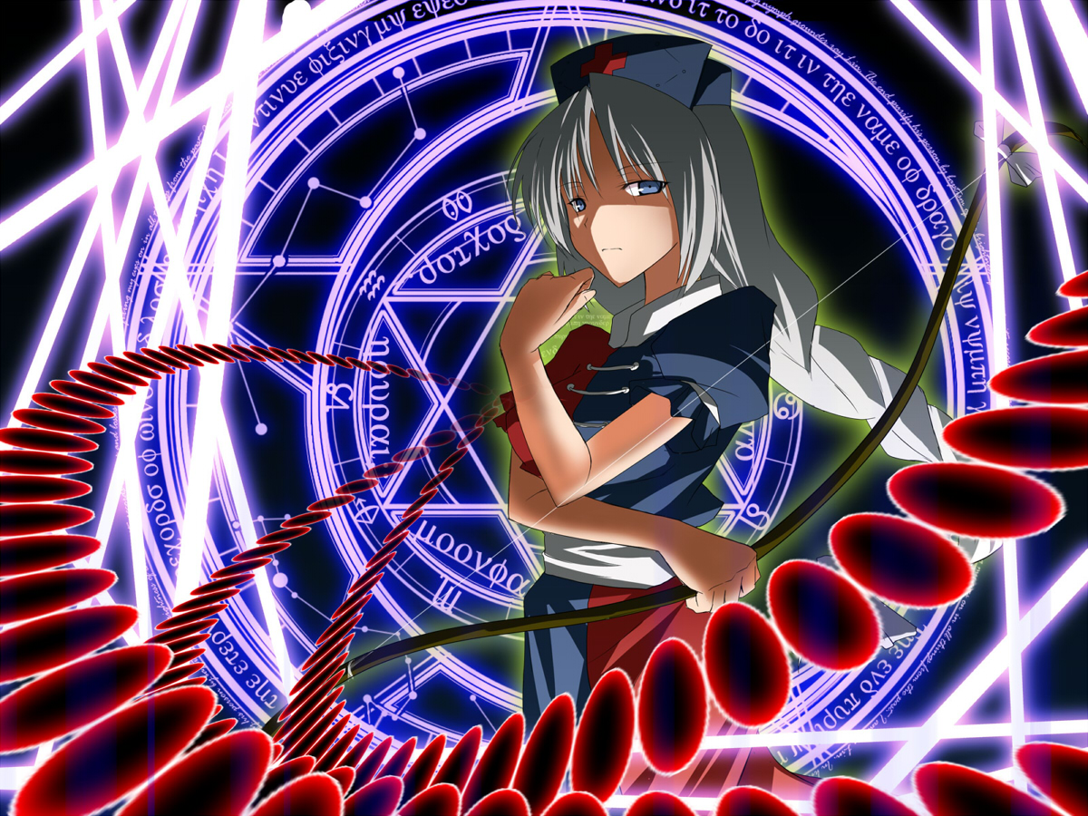 blue_eyes, bow_(weapon), braids, gray_hair, hat, kasukazu, long_hair, magic, touhou, weapon, yagokoro_eirin