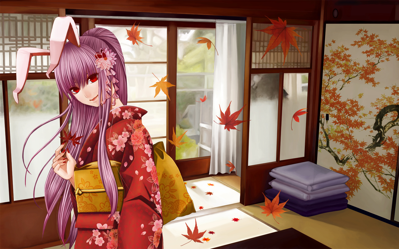 animal_ears, autumn, bunny_ears, bunnygirl, japanese_clothes, kimono, nonoko, ponytail