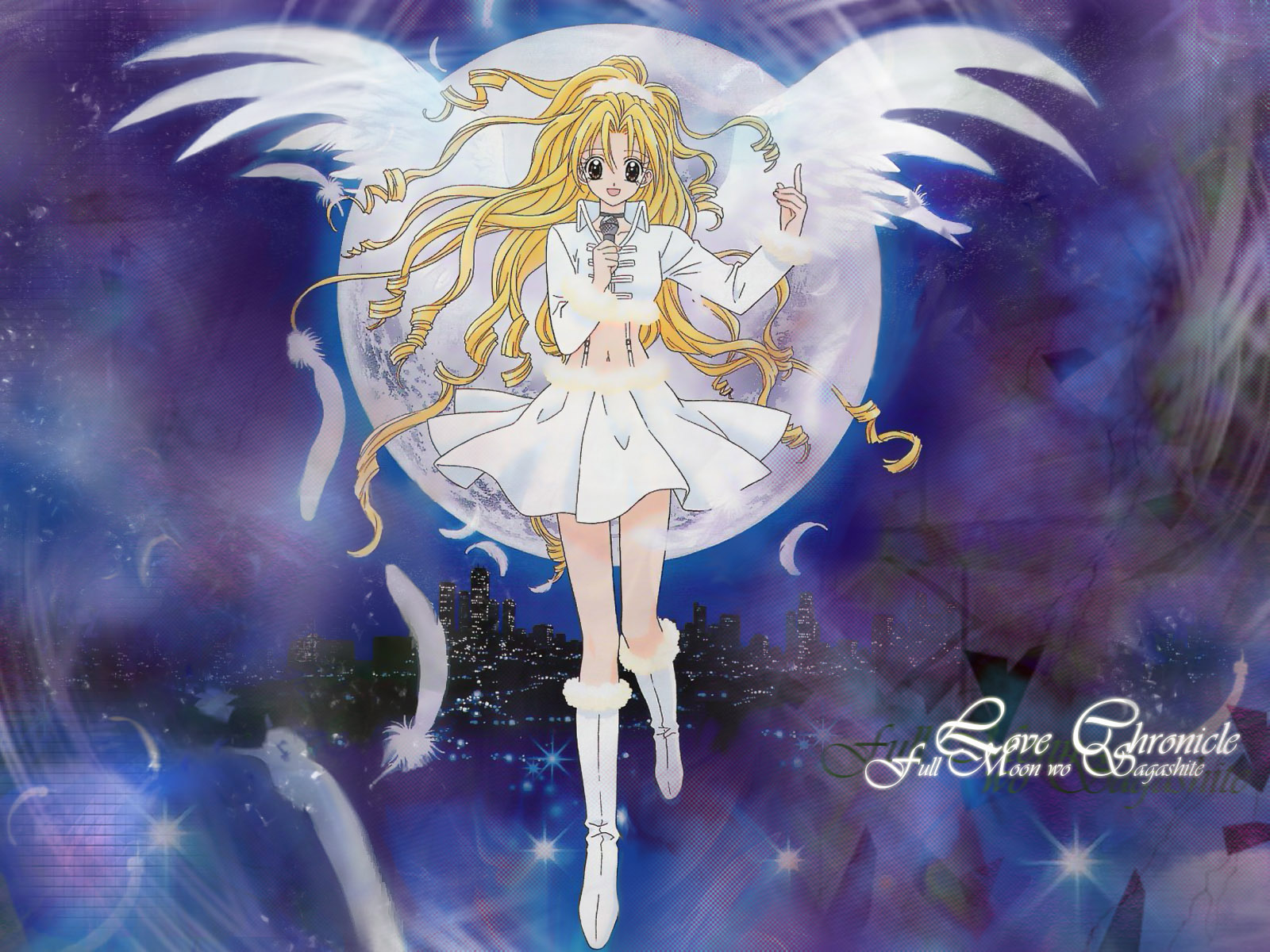 angel, arina_tanemura, blonde_hair, boots, building, city, feathers, full_moon_wo_sagashite