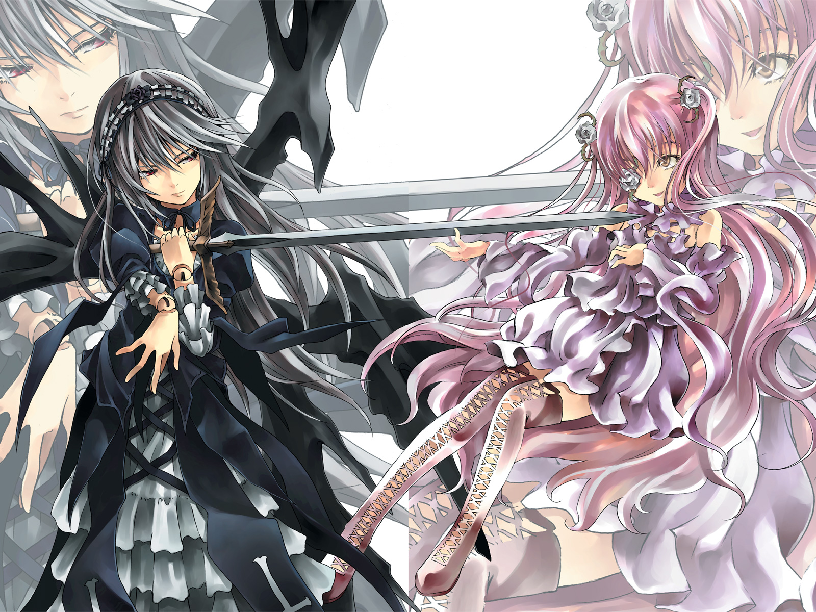 2girls, choker, doll, dress, gothic, gray_hair, headdress, jpeg_artifacts, kirakishou, long_hair, pink_hair, raid_slash, red_eyes, rozen_maiden, suigintou, sword, thighhighs, weapon, wings, yellow_eyes, zoom_layer