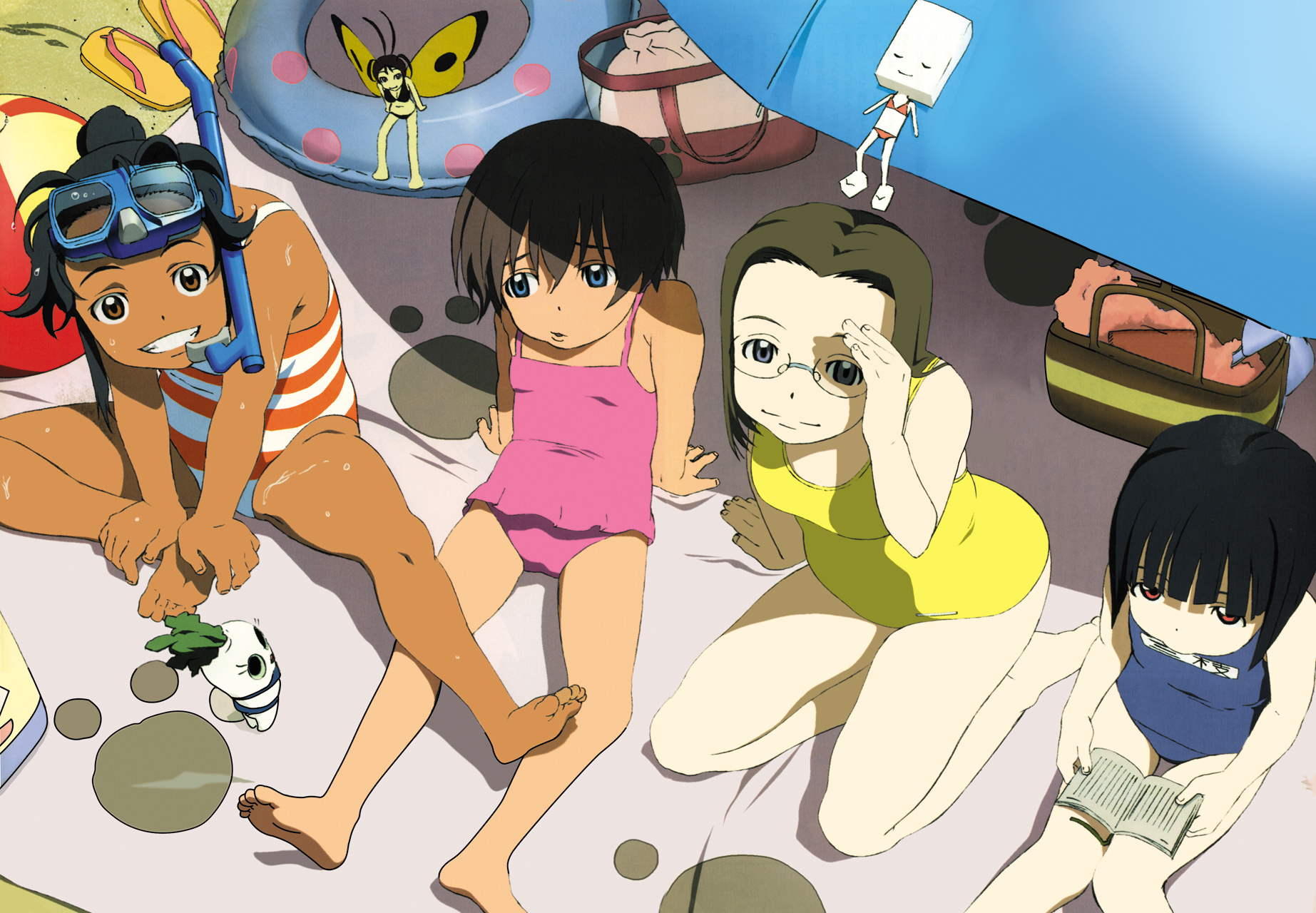 ball, barefoot, beach, book, dark_skin, glasses, group, kamichu