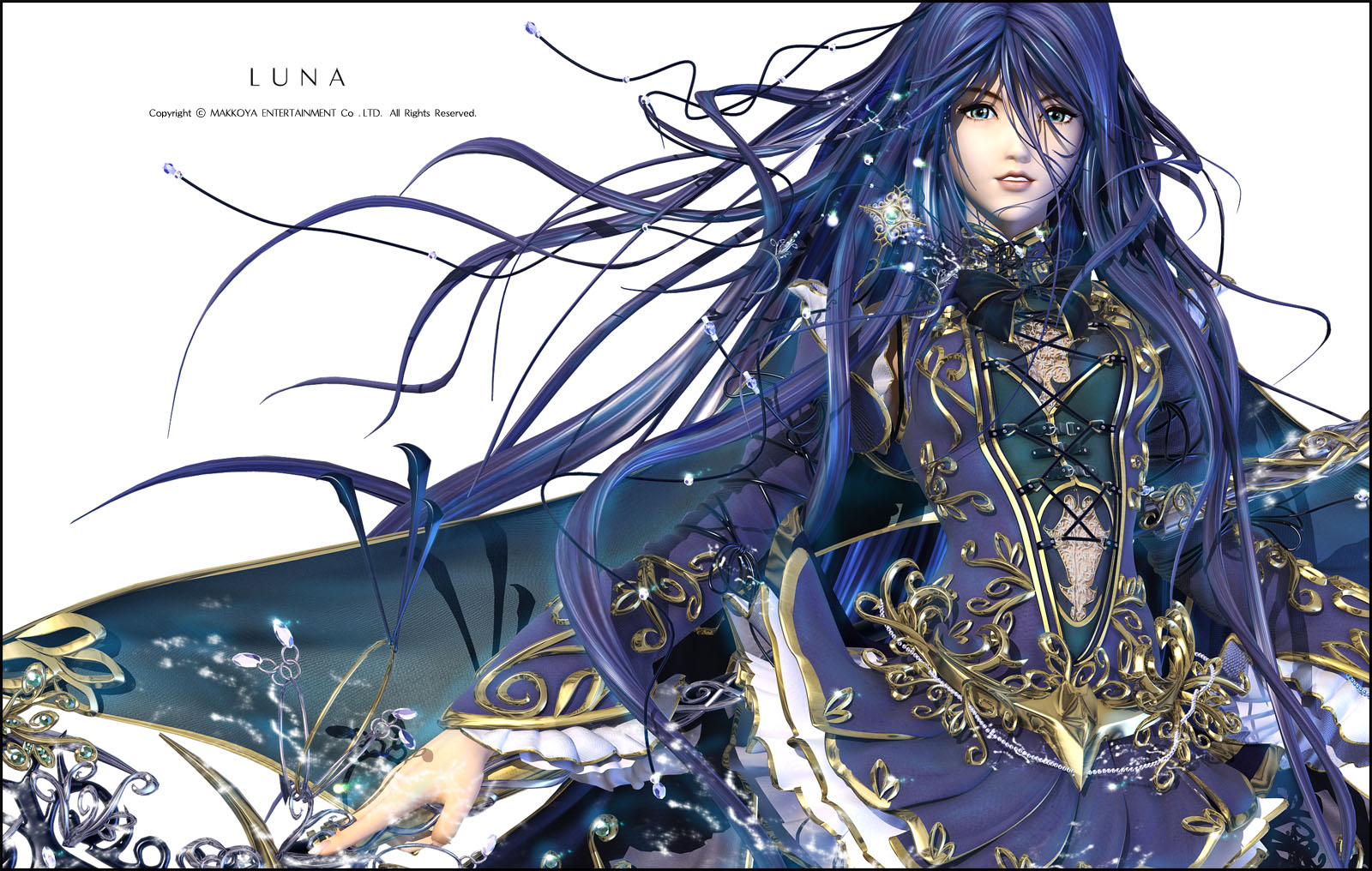 blue_hair, dress, kyungup_hyun, luna_(makkoya), white