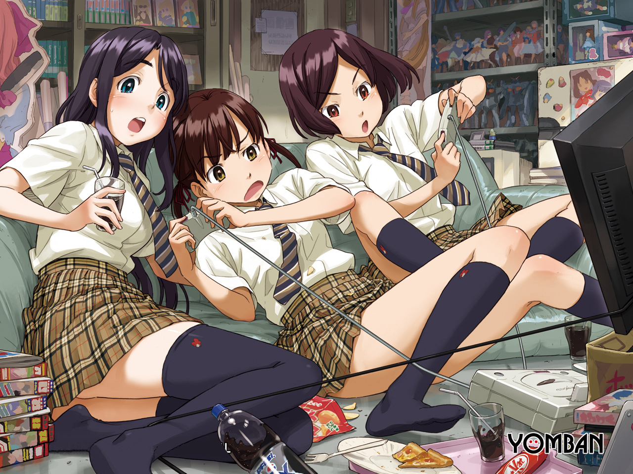 black_hair, blush, brown_eyes, brown_hair, naruko_hanaharu, original, purple_hair, red_eyes, school_uniform, skirt, thighhighs, zettai_ryouiki