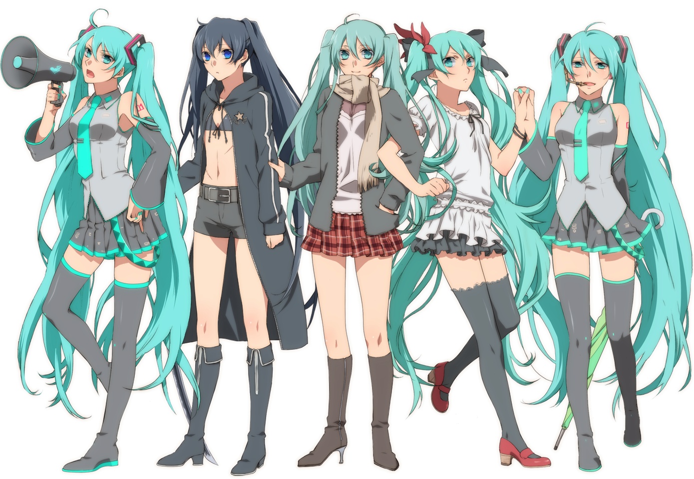 aqua_eyes, aqua_hair, bikini_top, black_hair, black_rock_shooter, group, hatsune_miku, katana