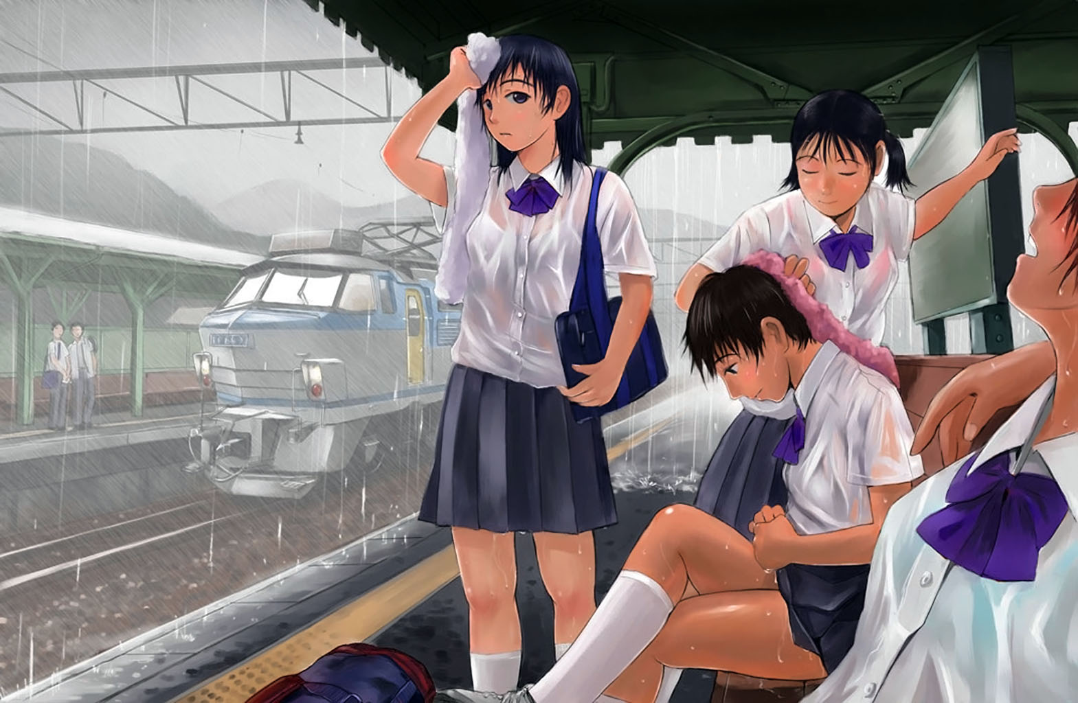 mimura_kaoru, rain, school_uniform, water, wet
