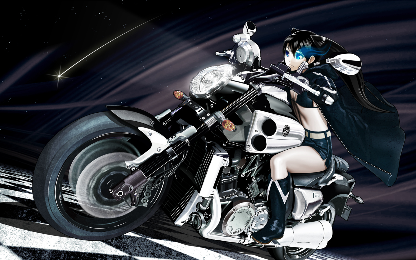 black_hair, black_rock_shooter, blue_eyes, echizenya_tawara_no_kai_norihiko, kuroi_mato, long_hair, motorcycle, night, shorts, twintails