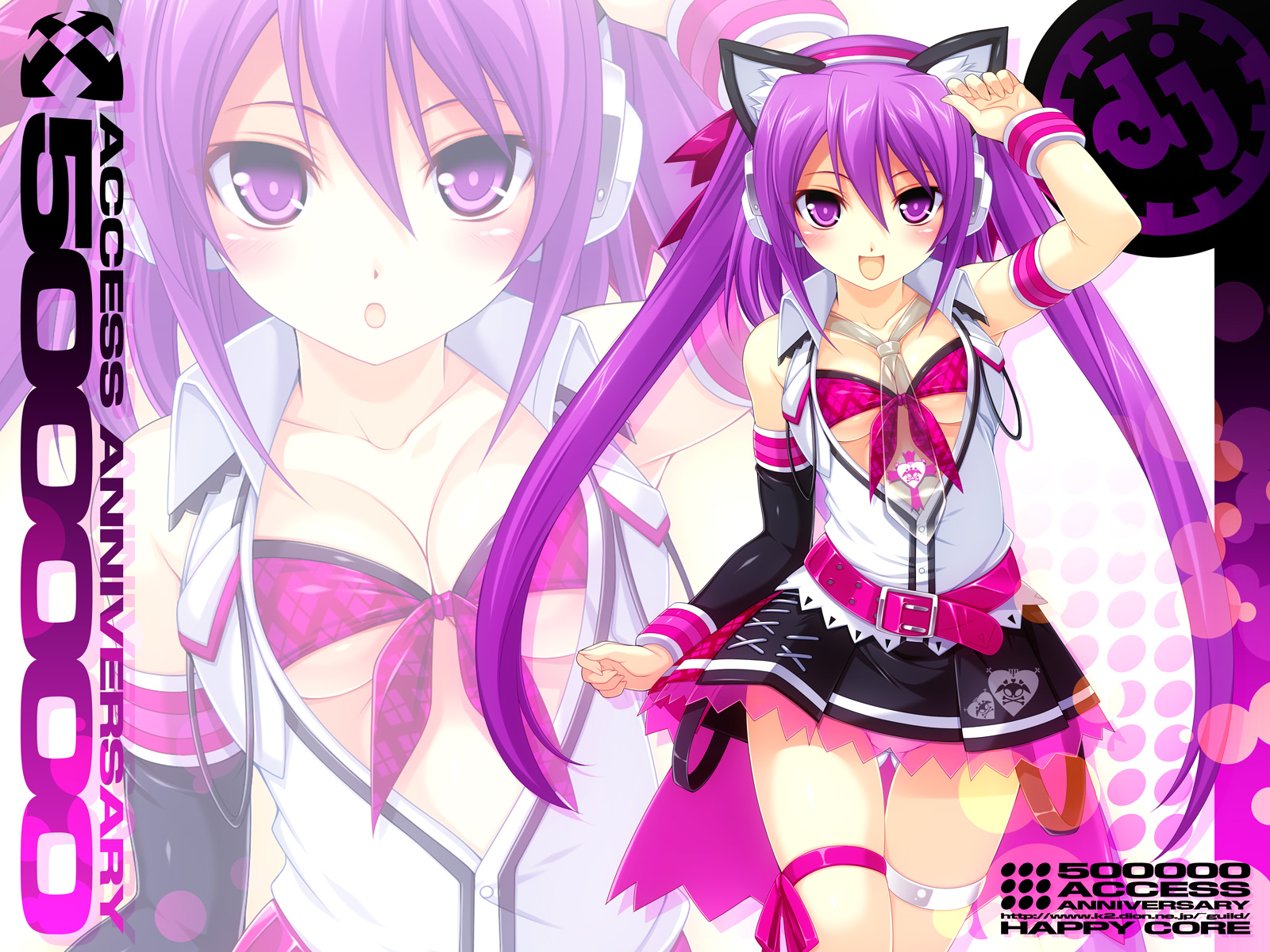 animal_ears, beatmania, breasts, catgirl, cleavage, happy_core, headphones, kinoshita_ichi, long_hair, mizushiro_celica, open_shirt, panties, purple_eyes, purple_hair, see_through, tie, twintails, underwear, zoom_layer