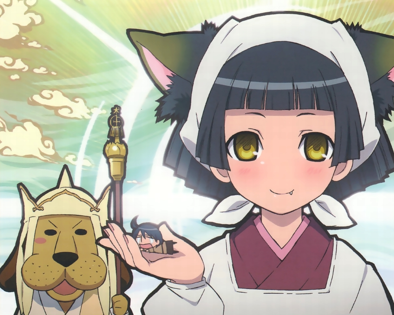 animal, animal_ears, black_hair, catgirl, dog, fang, god, maria_holic
