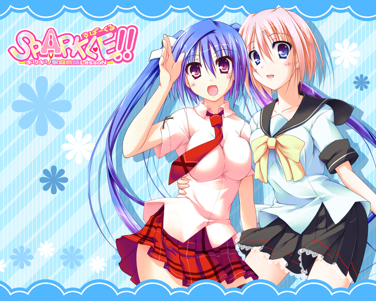 2girls, blue_eyes, blue_hair, orange_hair, purple_eyes, purple_hair, ribbons, school_uniform, sparkle!!, tie, t-ray, twintails