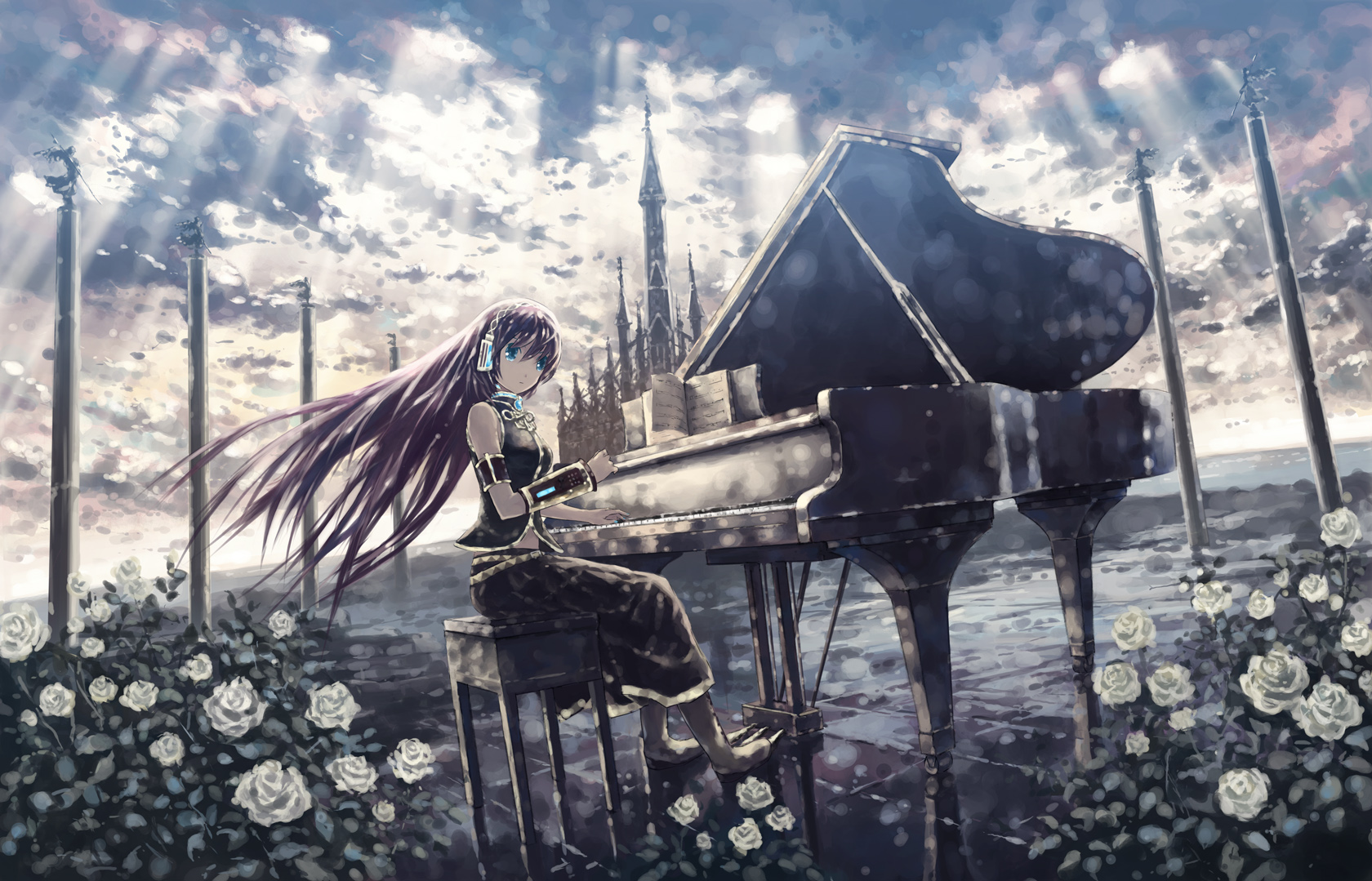 blue_eyes, clouds, flowers, instrument, isou_nagi, long_hair, megurine_luka, piano, pink_hair, rose, vocaloid