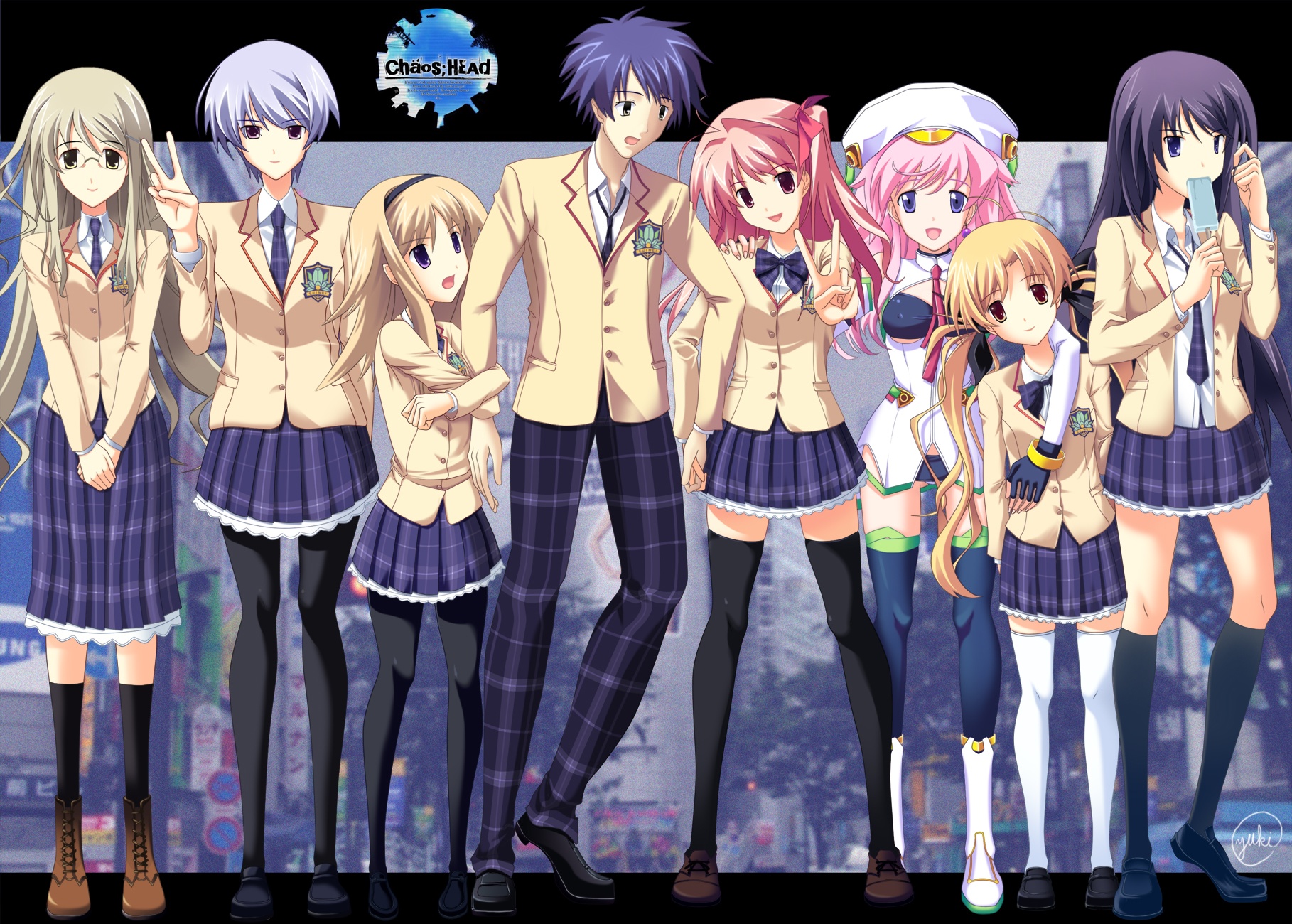 aoi_sena, chaos;head, group, kishimoto_ayase, kusonoki_yua, nishijou_nanami, nishijou_takumi, orgel_seira, orihara_kozue, sakihata_rimi, yukihanaok