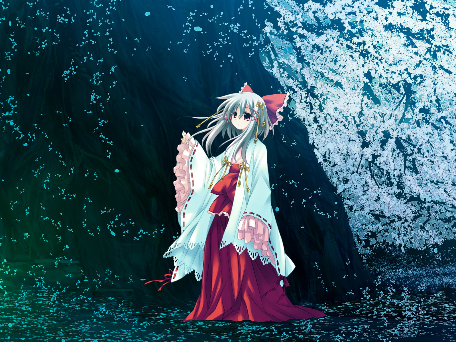 gray_hair, hanafubuki, japanese_clothes, miko, red_eyes, sakuramori_akasha, sakurazawa_izumi