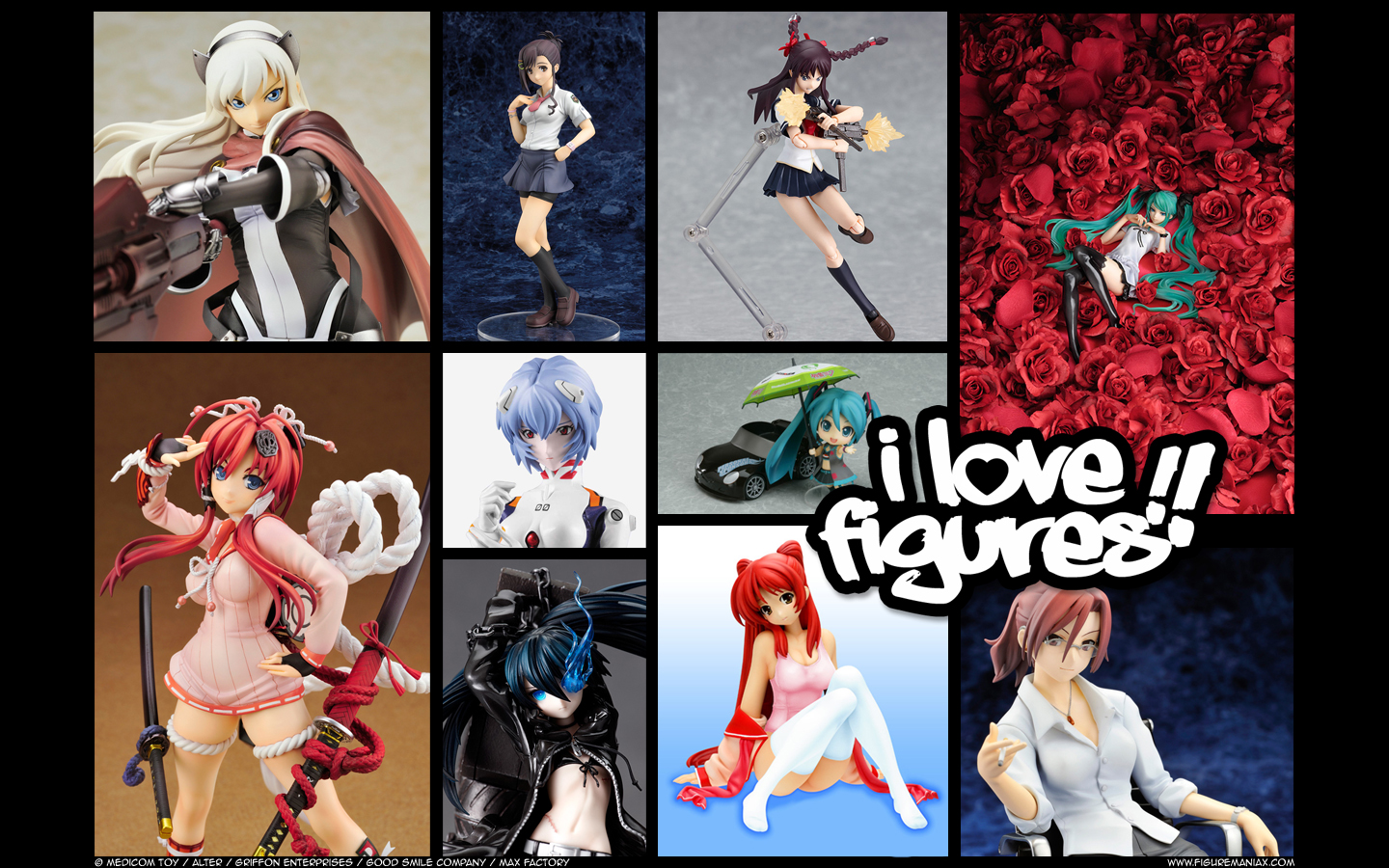 aozaki_touko, ayanami_rei, black_rock_shooter, candy_boy, dress, fatina, figure, flowers, hatsune_miku, hoshimura_makina, hyakka_ryouran_samurai_girls, kara_no_kyoukai, katana, kuroi_mato, neon_genesis_evangelion, rose, shikabane_hime, sword, tower_of_druaga, twintails, umbrella, vocaloid, weapon, yagyuu_juubei
