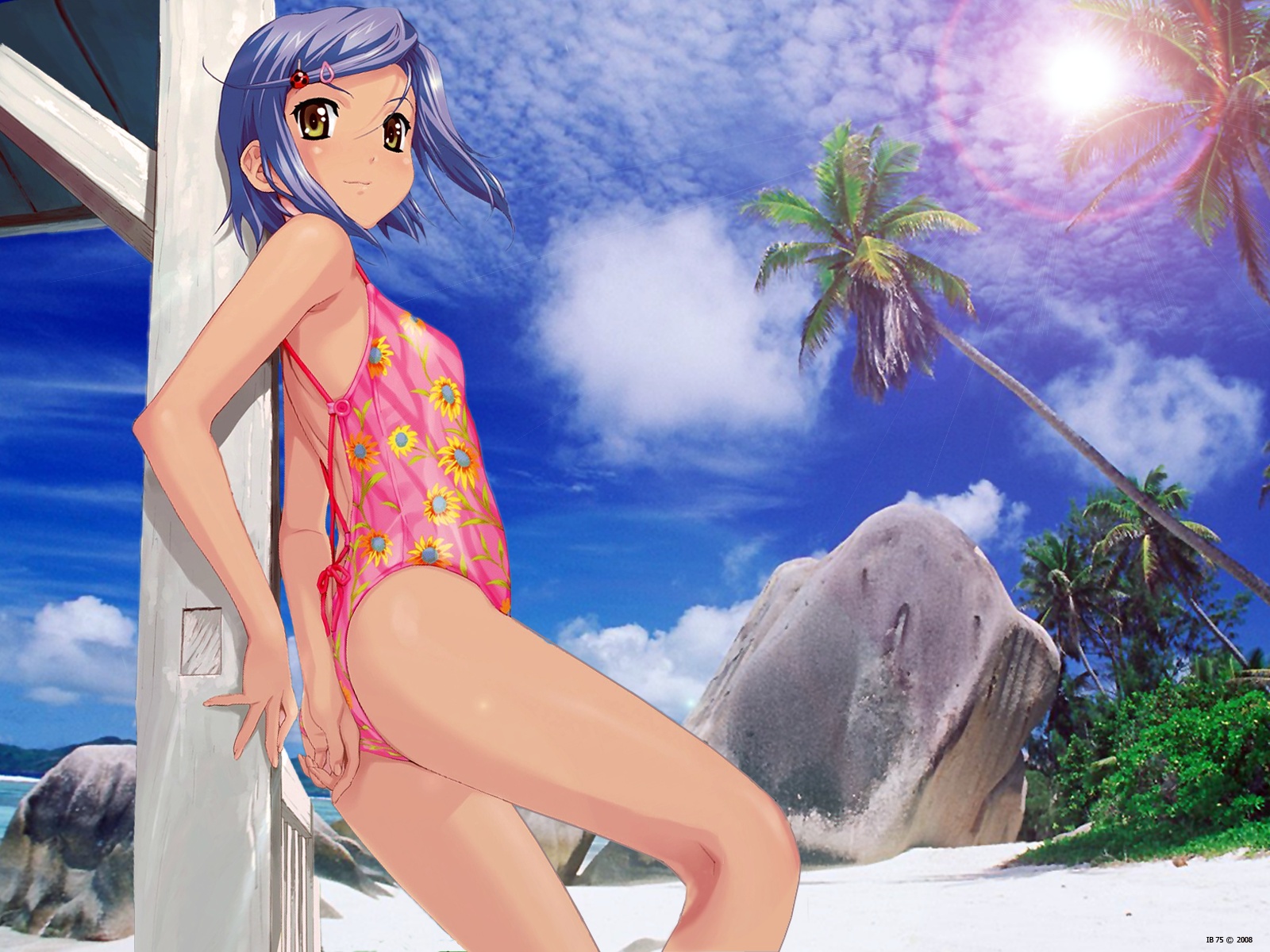 beach, clouds, happoubi_jin, koromogae_maya, loli, resort_boin, short_hair, sky, swimsuit, third-party_edit