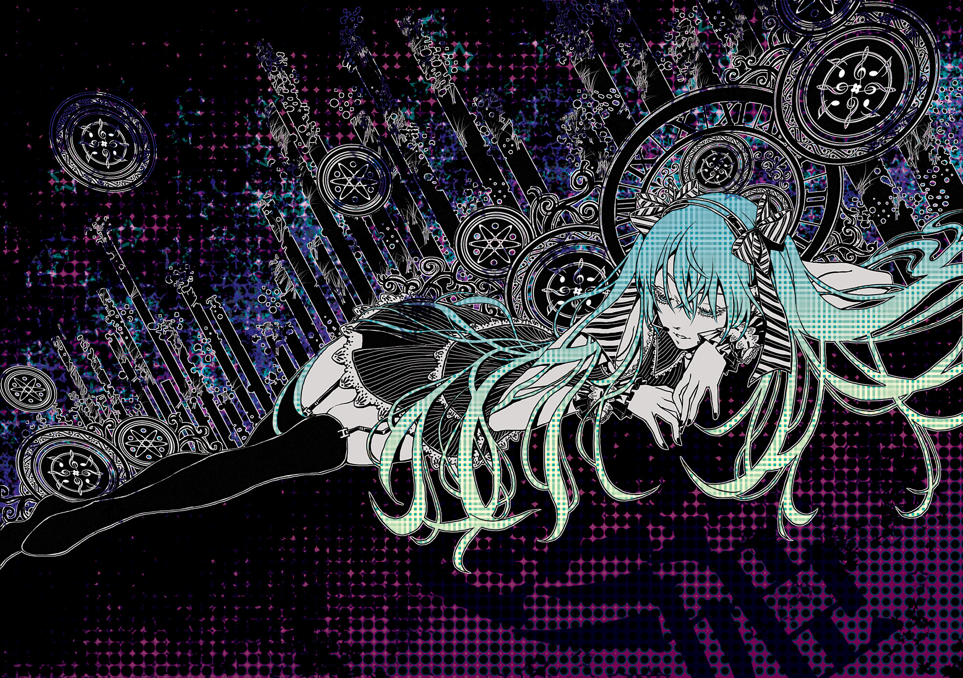 azuma_yuuhi, hatsune_miku, headphones, joy_(pixiv), polychromatic, thighhighs, vocaloid