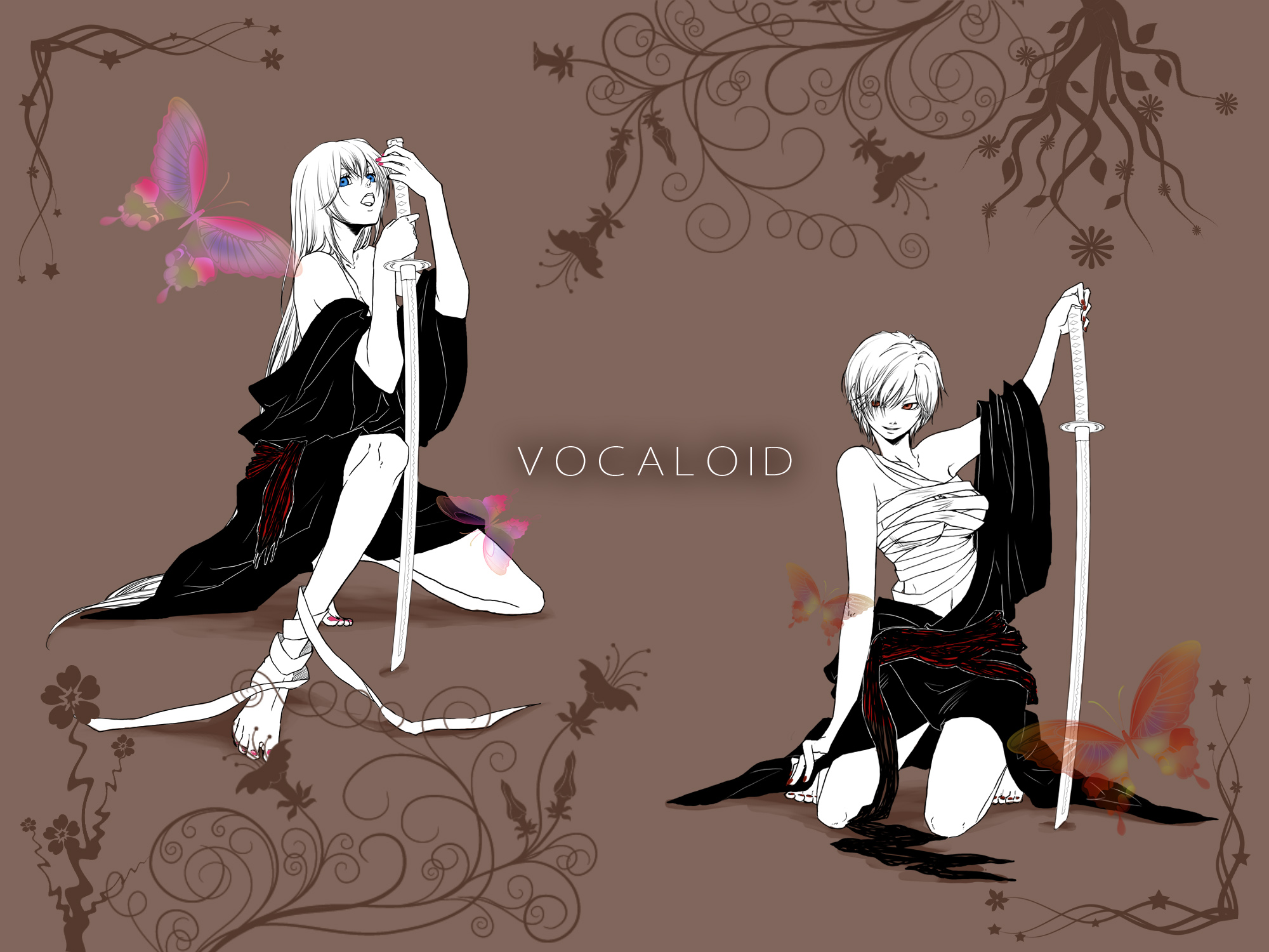 katana, makoto_(maternalism), megurine_luka, meiko, polychromatic, sarashi, sword, underwear, vocaloid, weapon