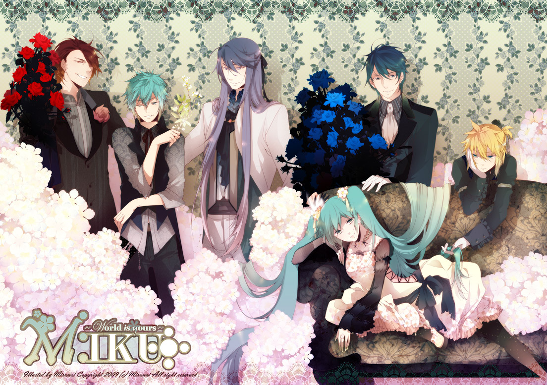 aqua_hair, blonde_hair, blue_eyes, blue_hair, brown_eyes, brown_hair, dress, flowers