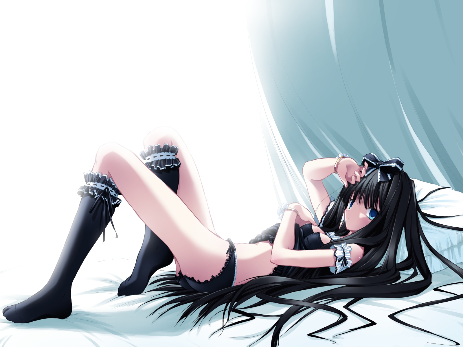 bed, black_hair, blue_eyes, gothic, long_hair, maya_(triptych), nimura_yuushi, ribbons, triptych, underwear