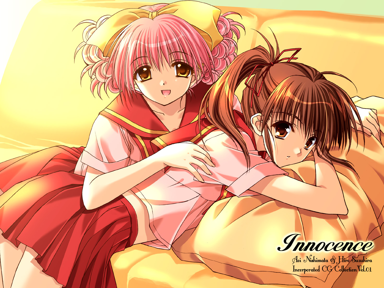 bow, brown_eyes, brown_hair, innocence, jpeg_artifacts, nishimata_aoi, pink_hair, ponytail, school_uniform, suzuhira_hiro, yellow, yellow_eyes
