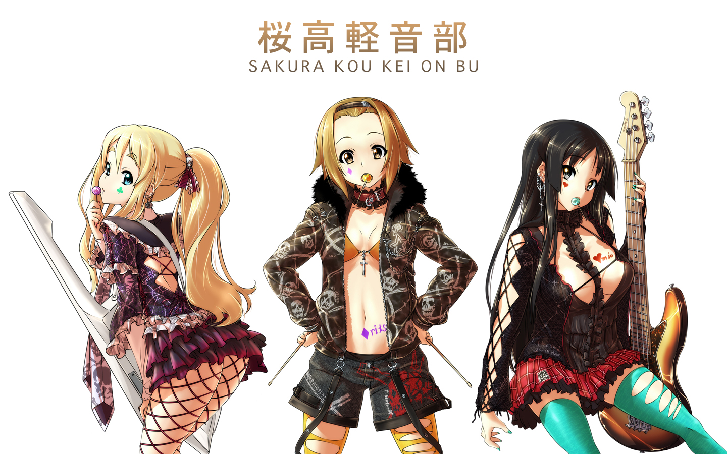 akiyama_mio, breasts, candy, cleavage, k-on!, kotobuki_tsumugi, lollipop, nekomamire, open_shirt, tainaka_ritsu, thighhighs, white