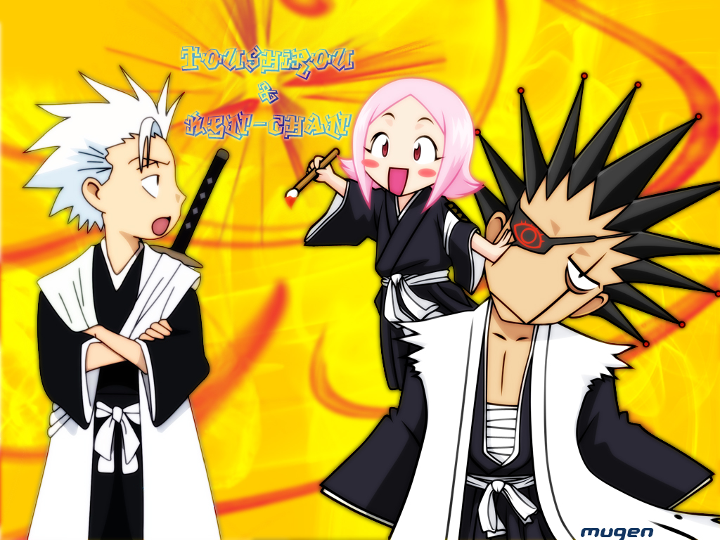 black_hair, bleach, chibi, eyepatch, hitsugaya_toushirou, kusajishi_yachiru, male, pink_hair