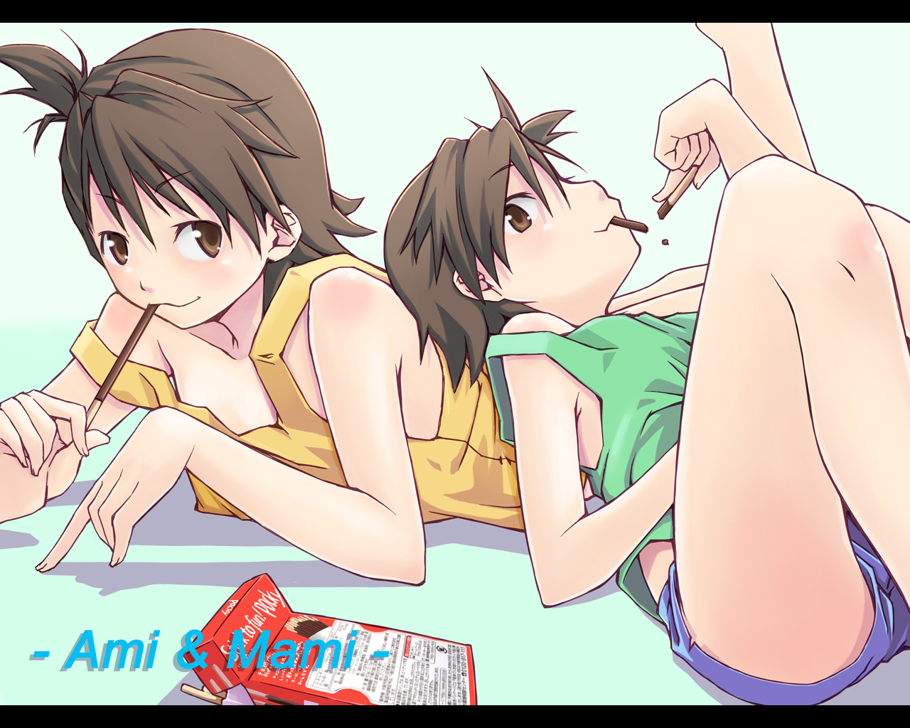 chika, food, futami_ami, futami_mami, idolmaster, pocky, twins