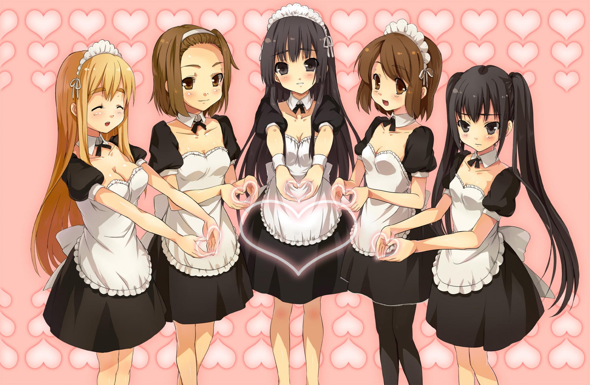 akiyama_mio, breasts, cleavage, hirasawa_yui, k-on!, kotobuki_tsumugi, li_(liras), maid, nakano_azusa, pantyhose, tainaka_ritsu