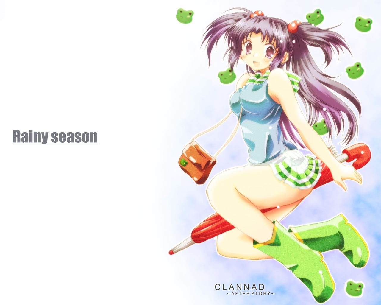 black_hair, boots, clannad, ichinose_kotomi, logo, purple_eyes, skirt, tamaki, twintails, umbrella, white