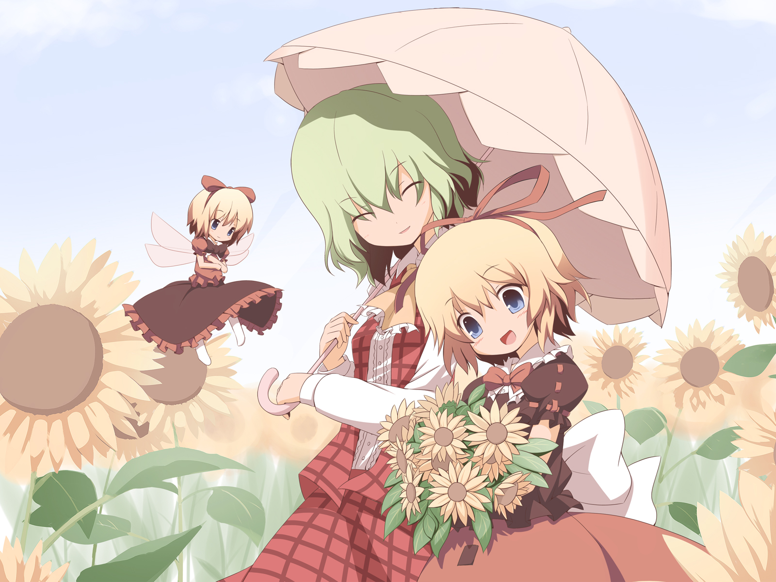blonde_hair, blue_eyes, dress, flowers, green_hair, kazami_yuuka, machilly, machily, medicine_melancholy, ribbons, short_hair, sky, su-san, sunflower, touhou, umbrella, wings