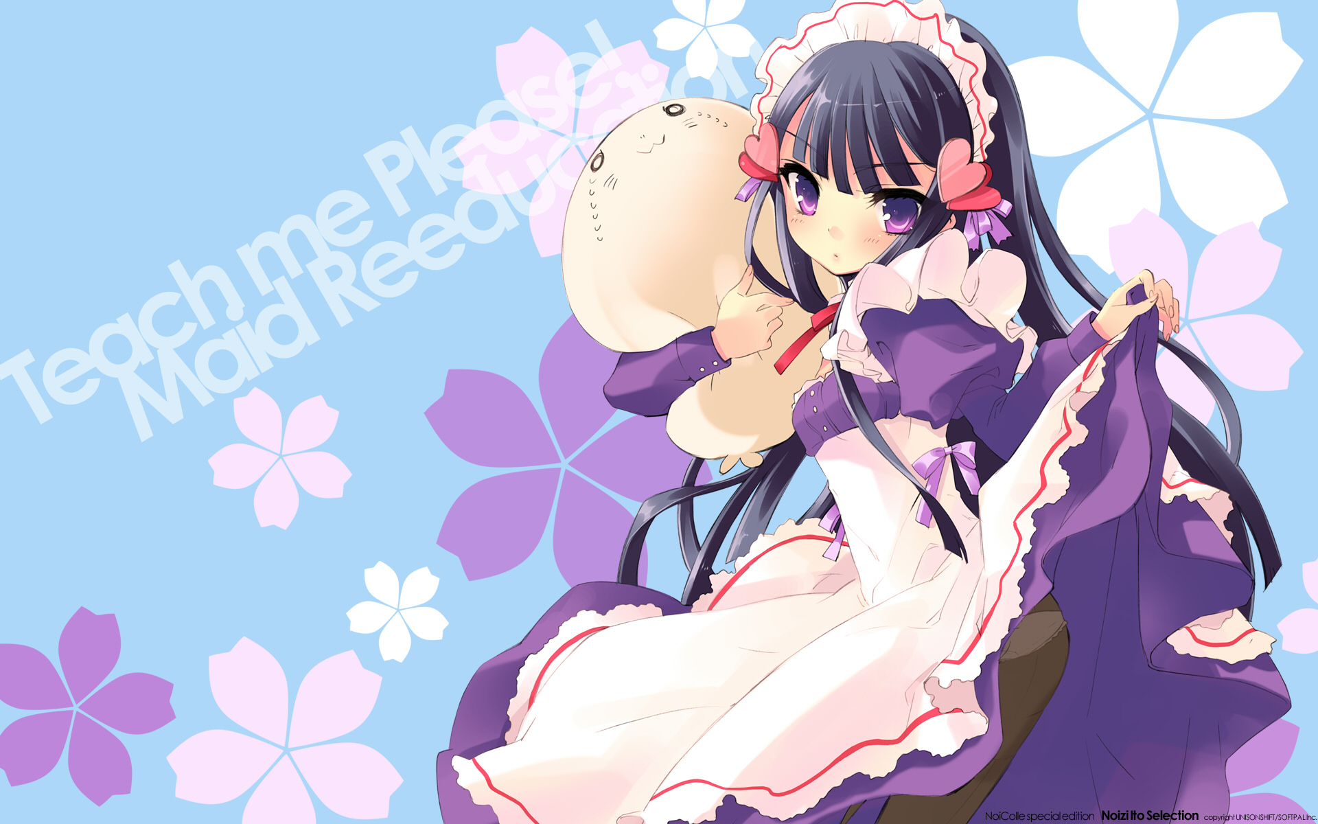 black_hair, cat_smile, dress, headdress, heart, itou_noiji, maid, oshiete_re_maid, pantyhose, purple_eyes, shiraha
