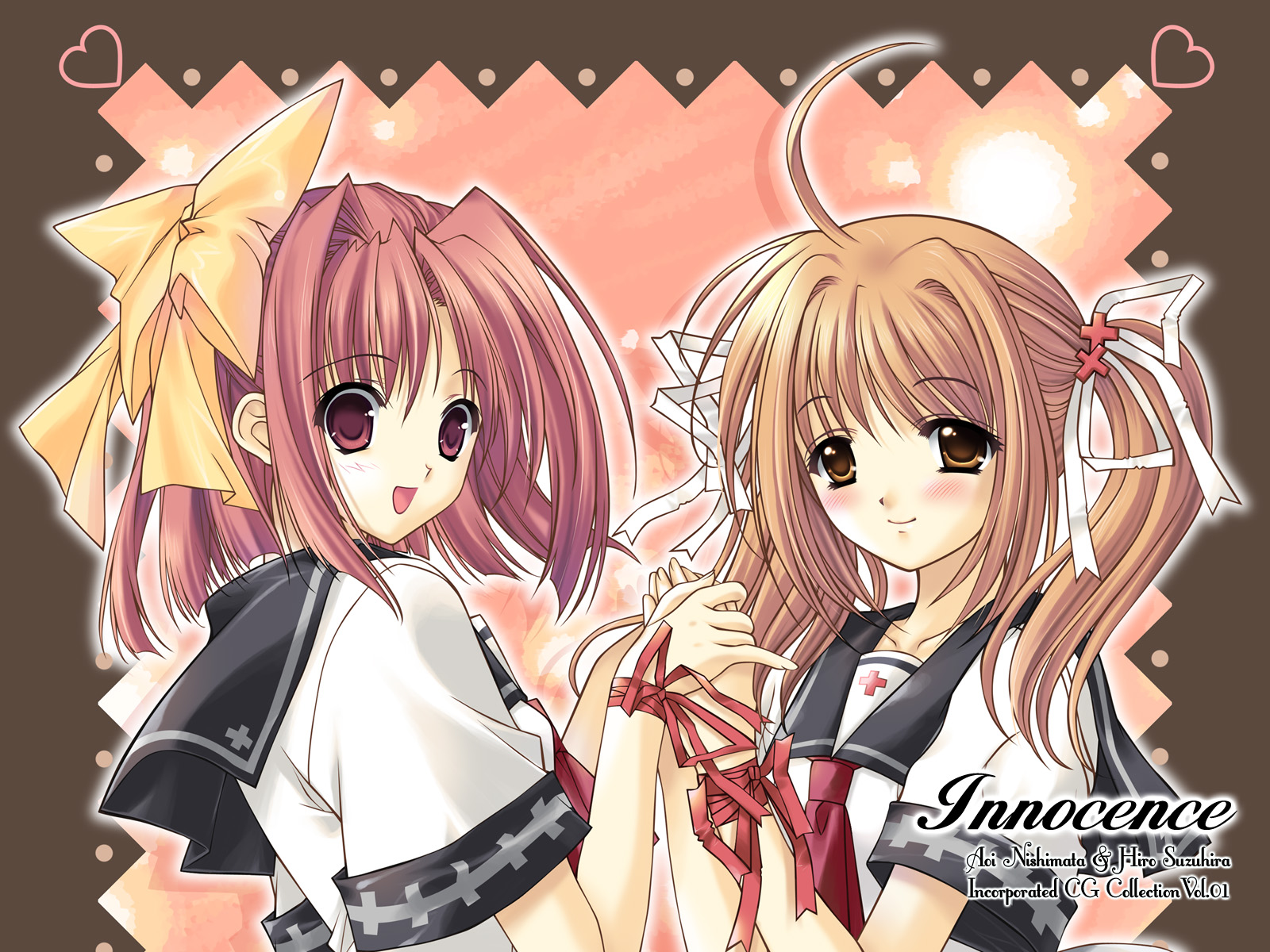 blonde_hair, bow, innocence, nishimata_aoi, pink_eyes, pink_hair, ribbons, school_uniform, short_hair, suzuhira_hiro, twintails, yellow_eyes