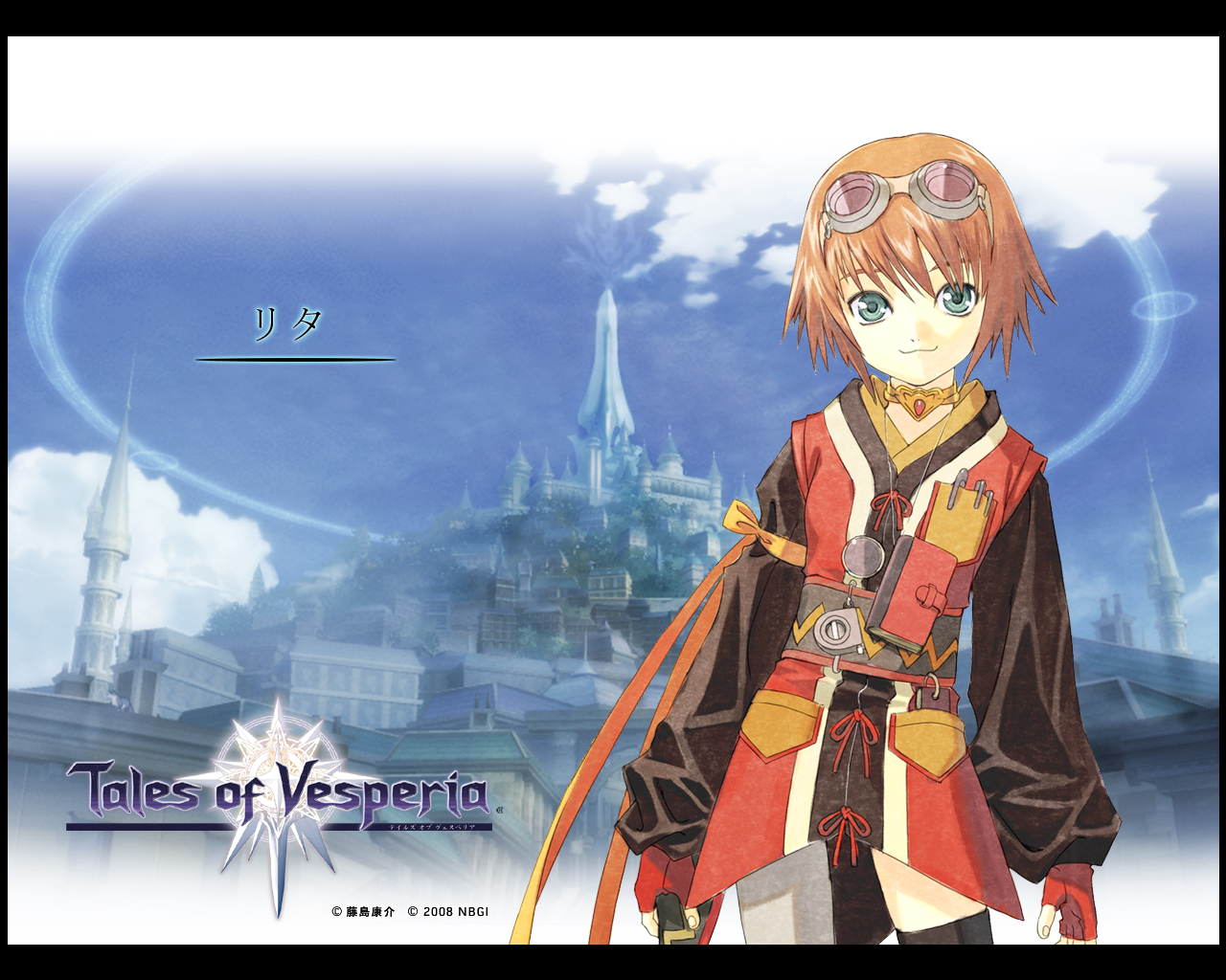 aqua_eyes, goggles, logo, orange_hair, rita_mordio, short_hair, tales_of_vesperia, watermark