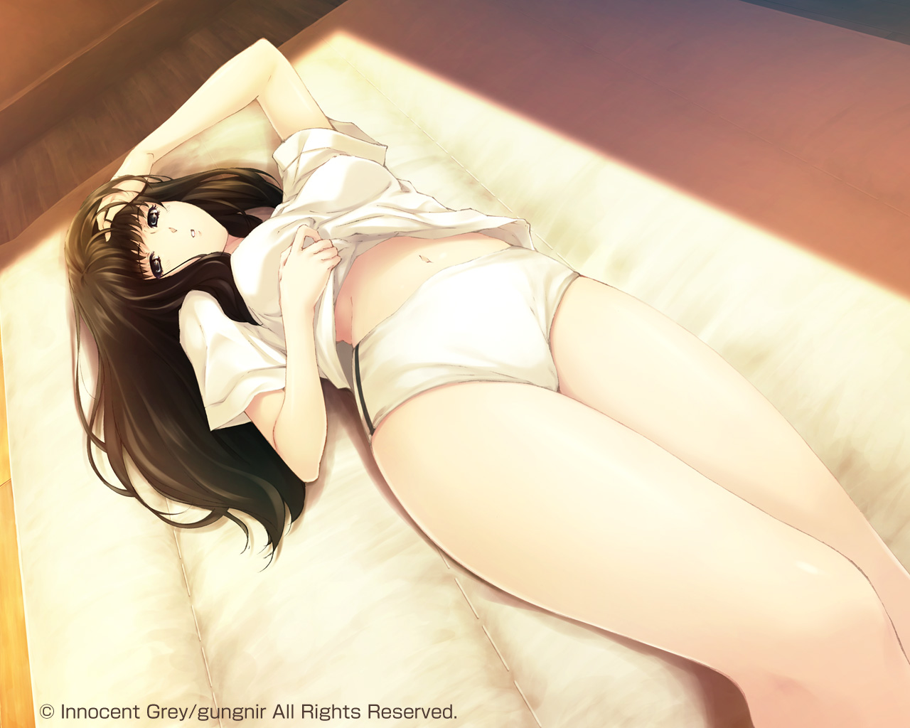 black_eyes, black_hair, bloomers, gym_uniform, kara_no_shoujo, kuchiki_touko, navel, shorts
