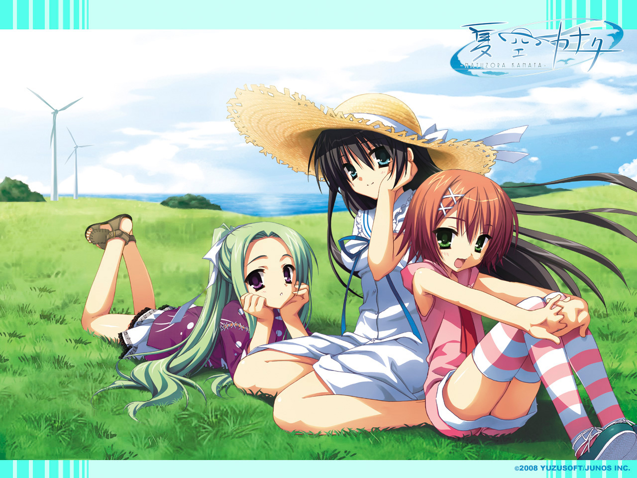 dress, grass, kobuichi, kousaka_chihaya, miyoshi_yuiko, muririn, natsuzora_kanata, shichijou_sasara, sky, water, yuzusoft