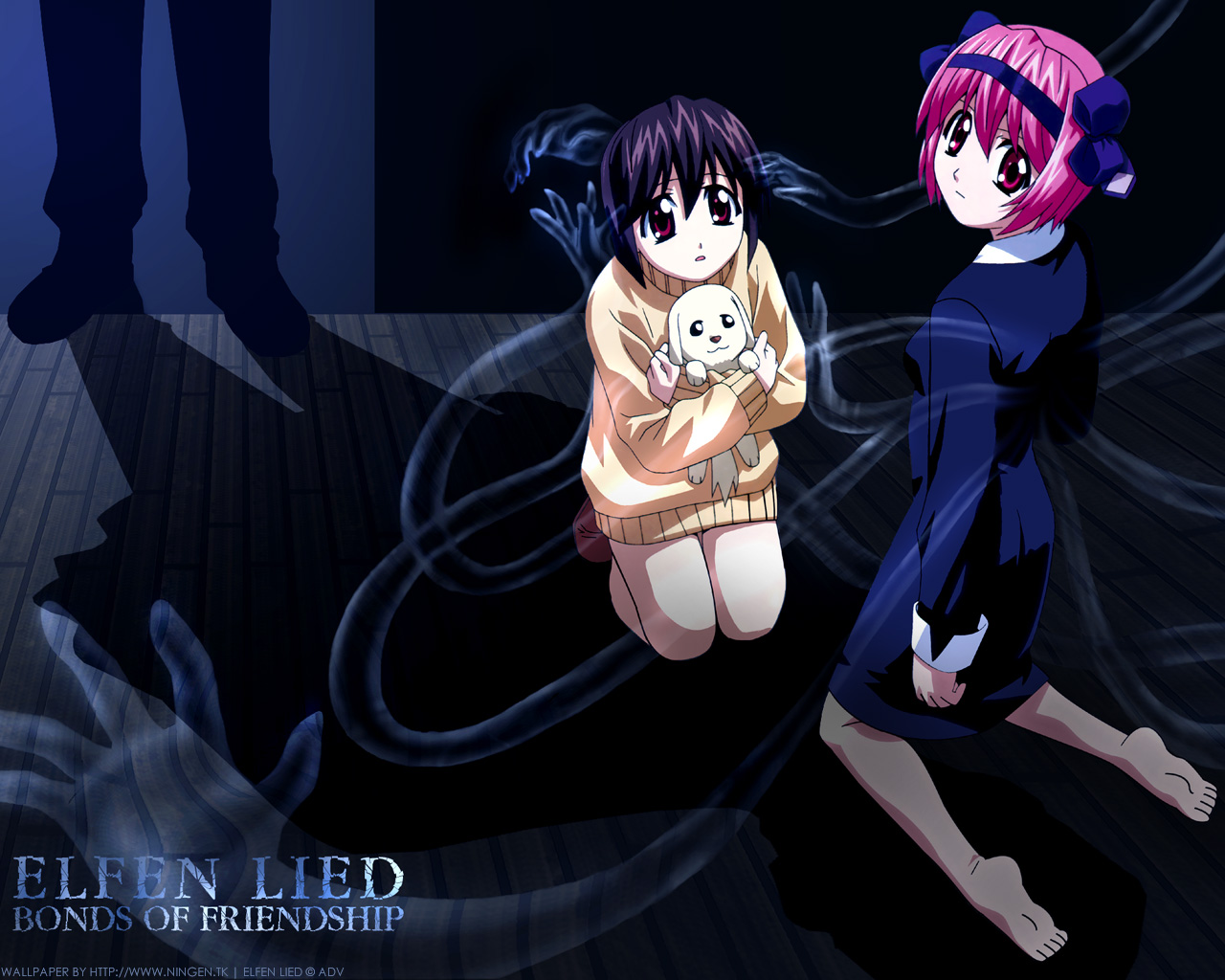 animal, dark, dog, elfen_lied, mayu_(elfen_lied), nana_(elfen_lied), pink_hair, red_eyes