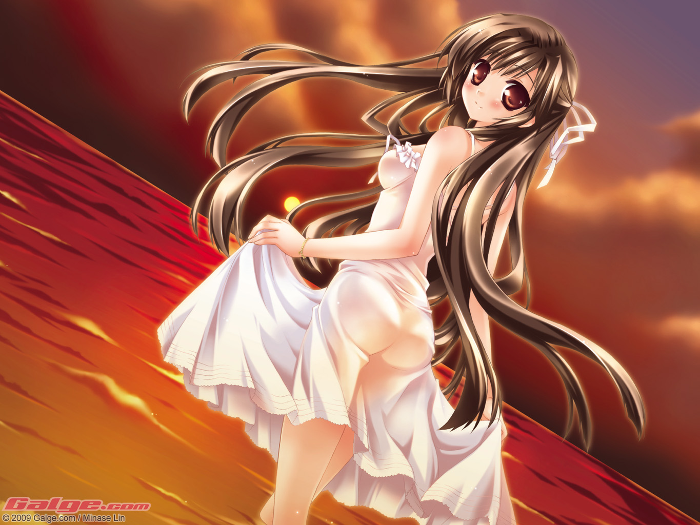 brown_eyes, brown_hair, dress, galge.com, logo, long_hair, minase_lin, see_through, summer_dress