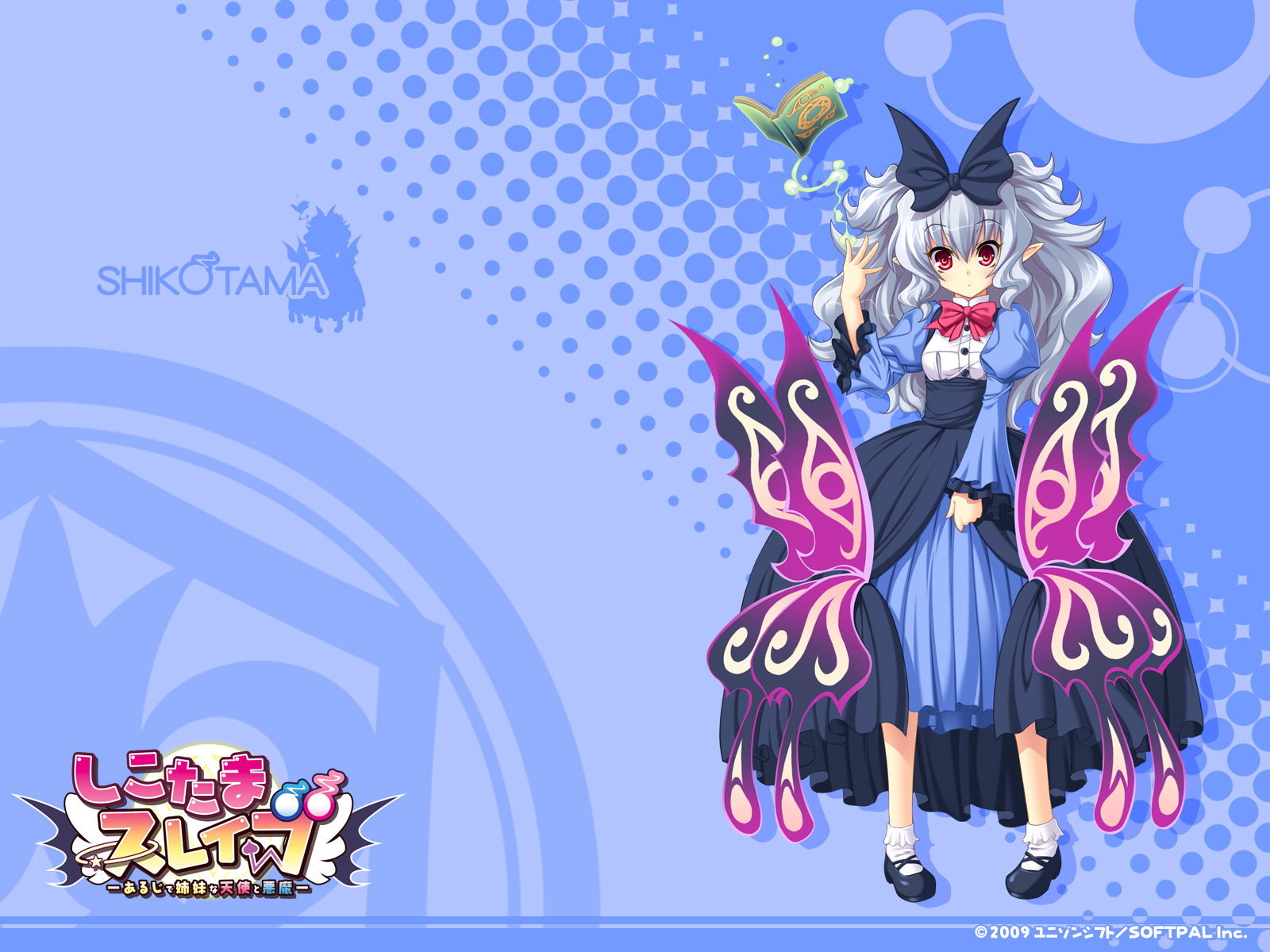 blue, book, bow, demon, dress, gray_hair, logo, long_hair