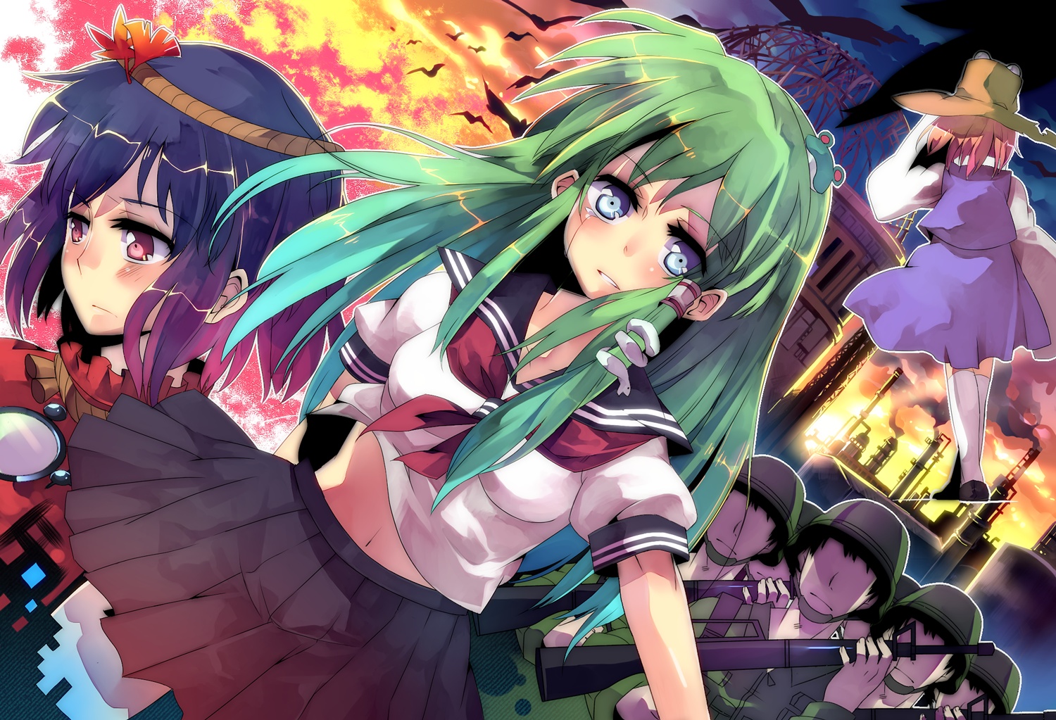 animal, bird, blue_eyes, green_hair, gun, hat, kimino, kneehighs, kochiya_sanae, long_hair, moriya_suwako, orange_hair, purple_hair, red_eyes, school_uniform, short_hair, skirt, snake, tears, touhou, weapon, yasaka_kanako