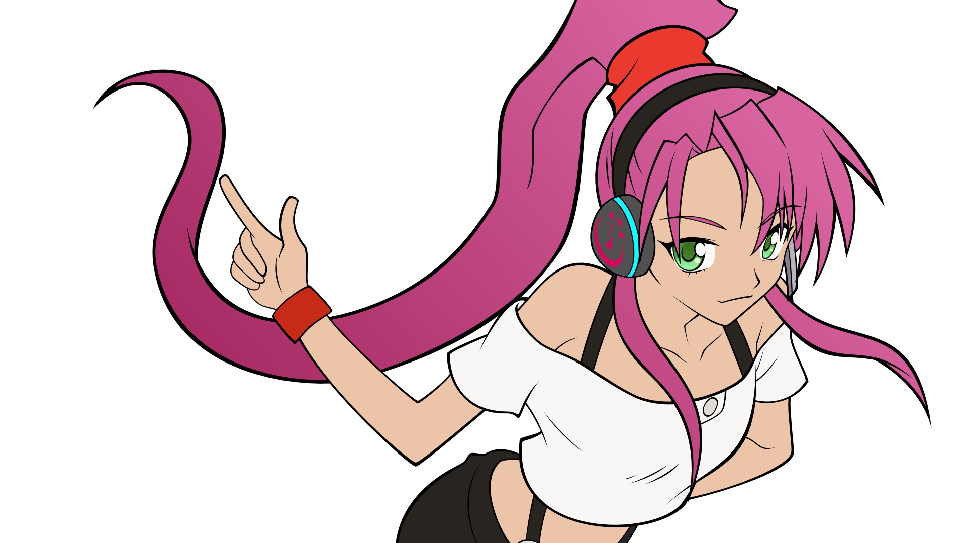 basquash!, green_eyes, headphones, long_hair, pink_hair, rouge, white
