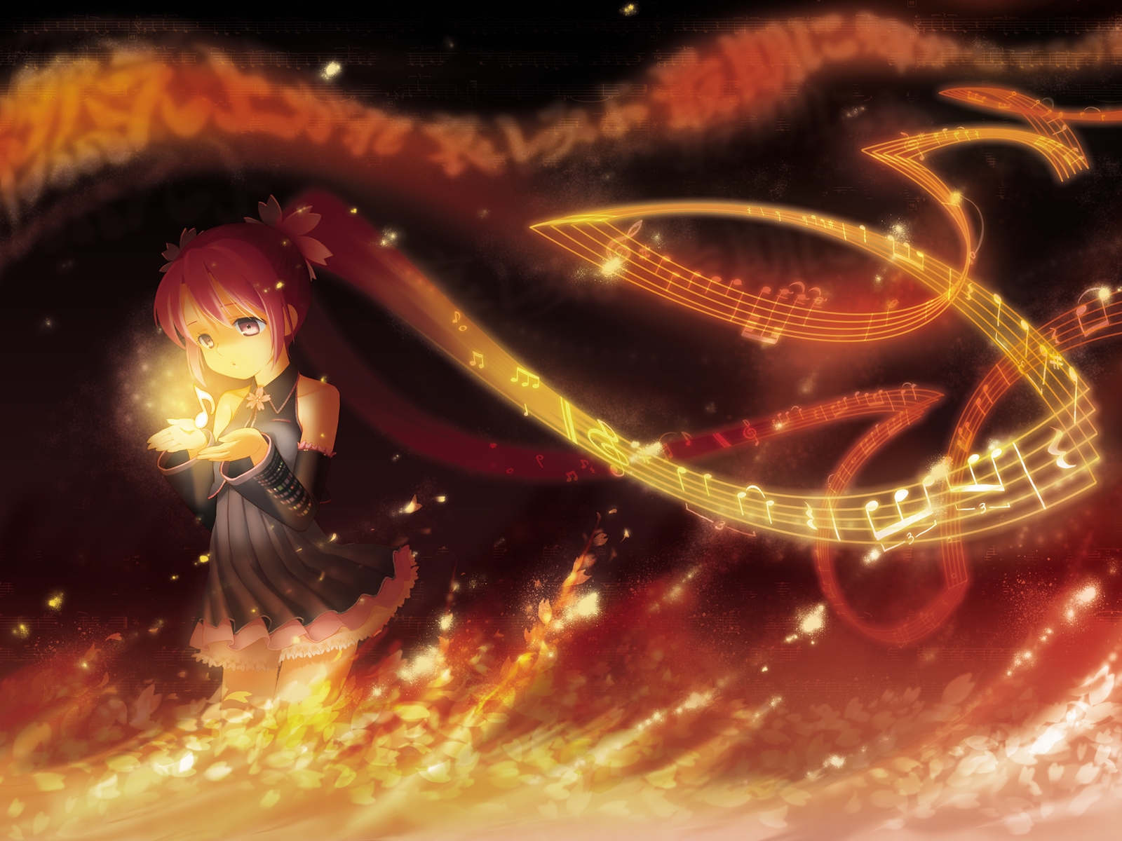 dark, dress, flowers, hatsune_miku, long_hair, neko_sakana, petals, pink_eyes