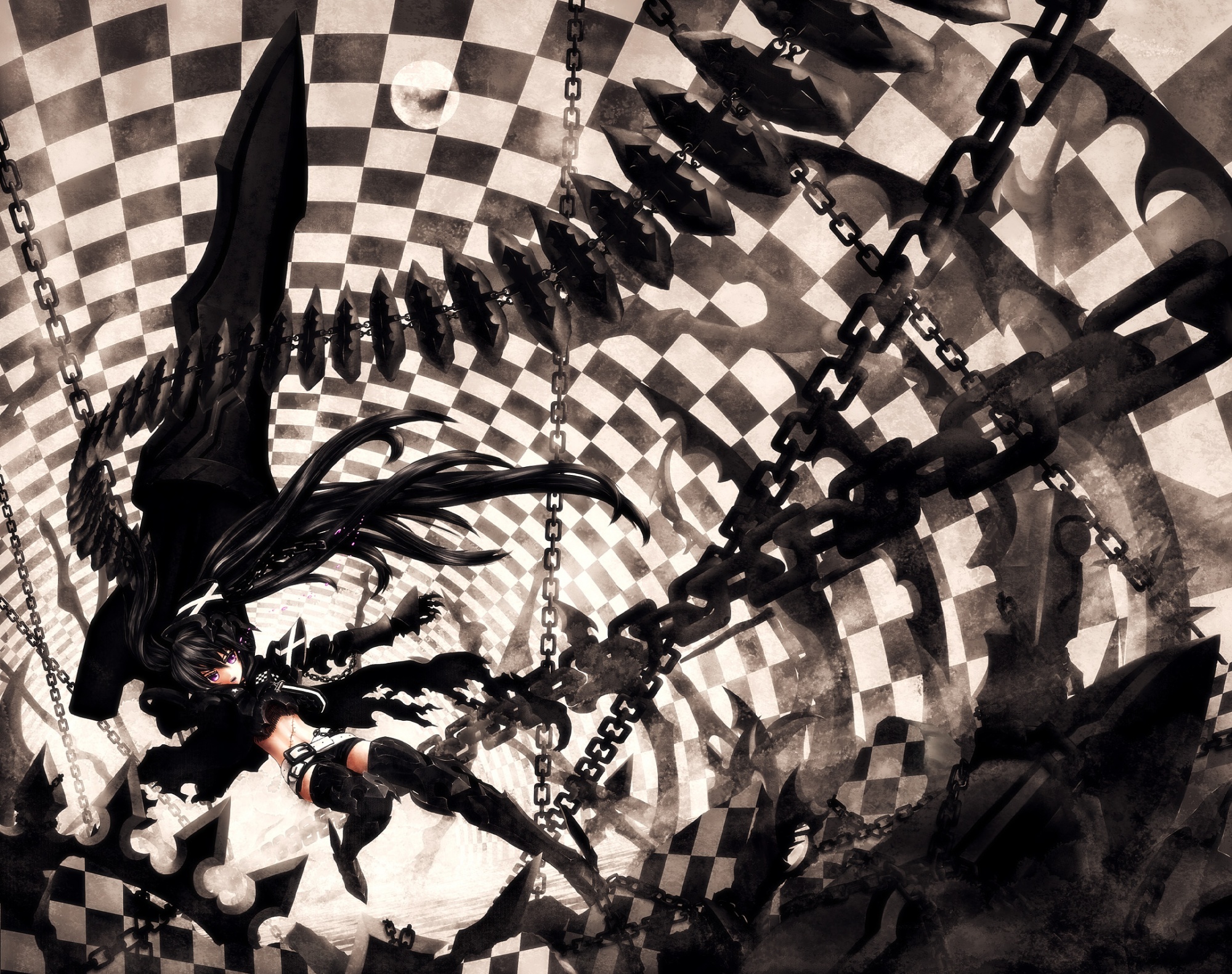 black_hair, black_rock_shooter, chain, hirohito, insane_black_rock_shooter, thighhighs, twintails