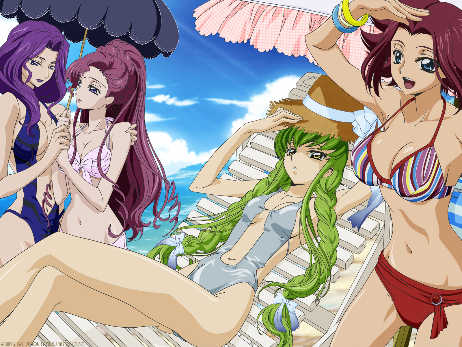 beach, bikini, blue_eyes, braids, breasts, cc, cleavage, clouds
