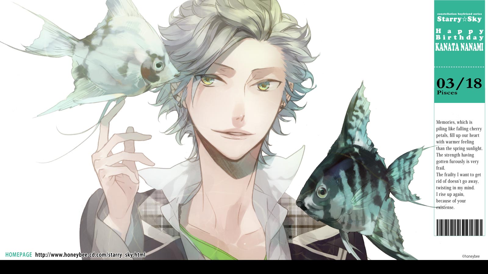 all_male, animal, fish, gray_hair, jpeg_artifacts, kanata_nanami, male, starry_sky, yellow_eyes