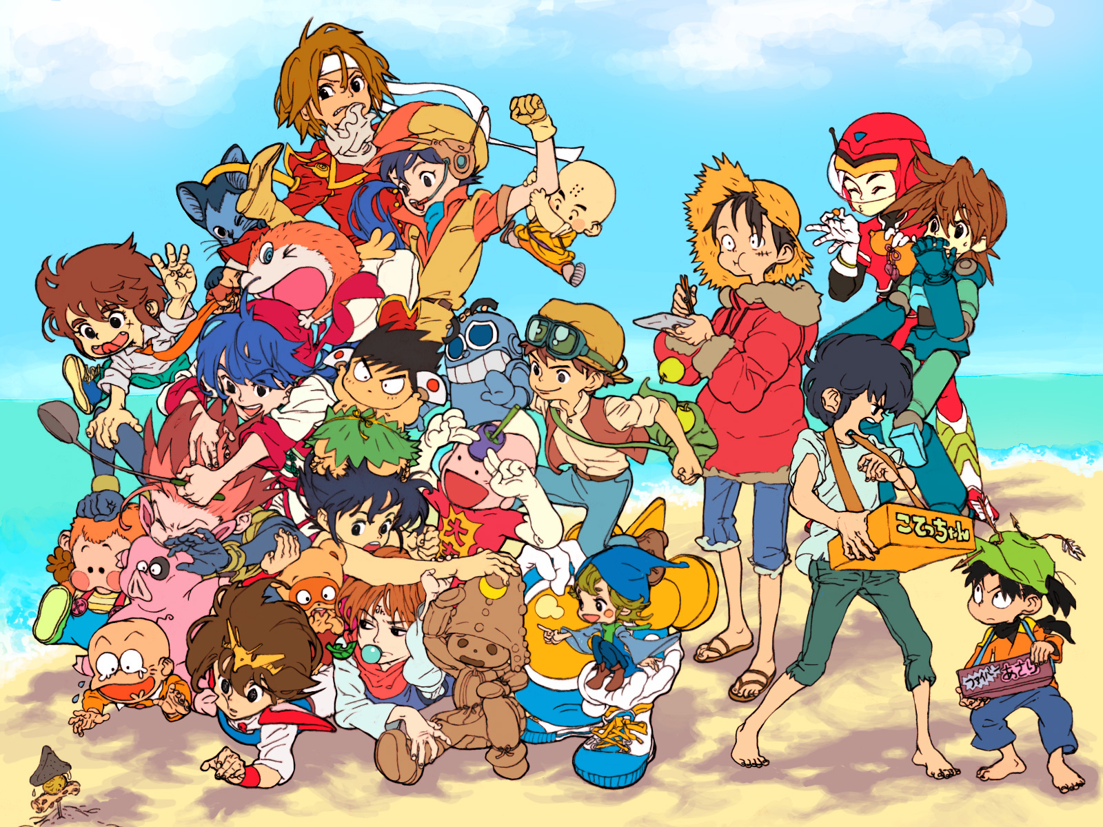 beach, blue_cube, cooking_master_boy, crossover, dash_kappei, dragonball, food, ginga_tetsudo_no_yoru, giovanni_(ginga_tetsudo_no_yoru), goggles, group, hat, ikusabe_wataru, itadakiman, kappei, kirishima_kanna, koenma, kuririn, laputa:_castle_in_the_sky, liu_mao_hsing, mashin_hero_wataru, mojakou, monkey_d_luffy, nangoku_shonen_papuwa-kun, nintama_rantaro, one_piece, papuwa, pazu_(laputa), rockman, rockman_(character), saint_seiya, sakura_taisen, settsuno_kirimaru, twinbee_paradise, yu_yu_hakusho